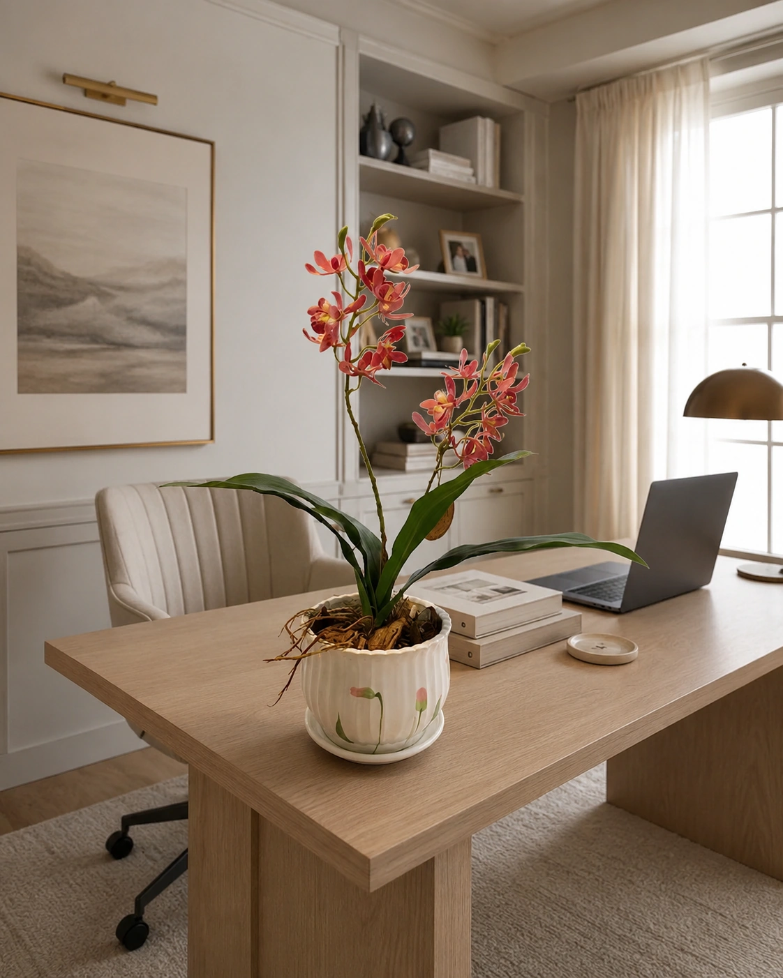Arranjo de Orquídea Rosa de Haste Dupla - Vaso de Cerâmica com Detalhe de Tulipas