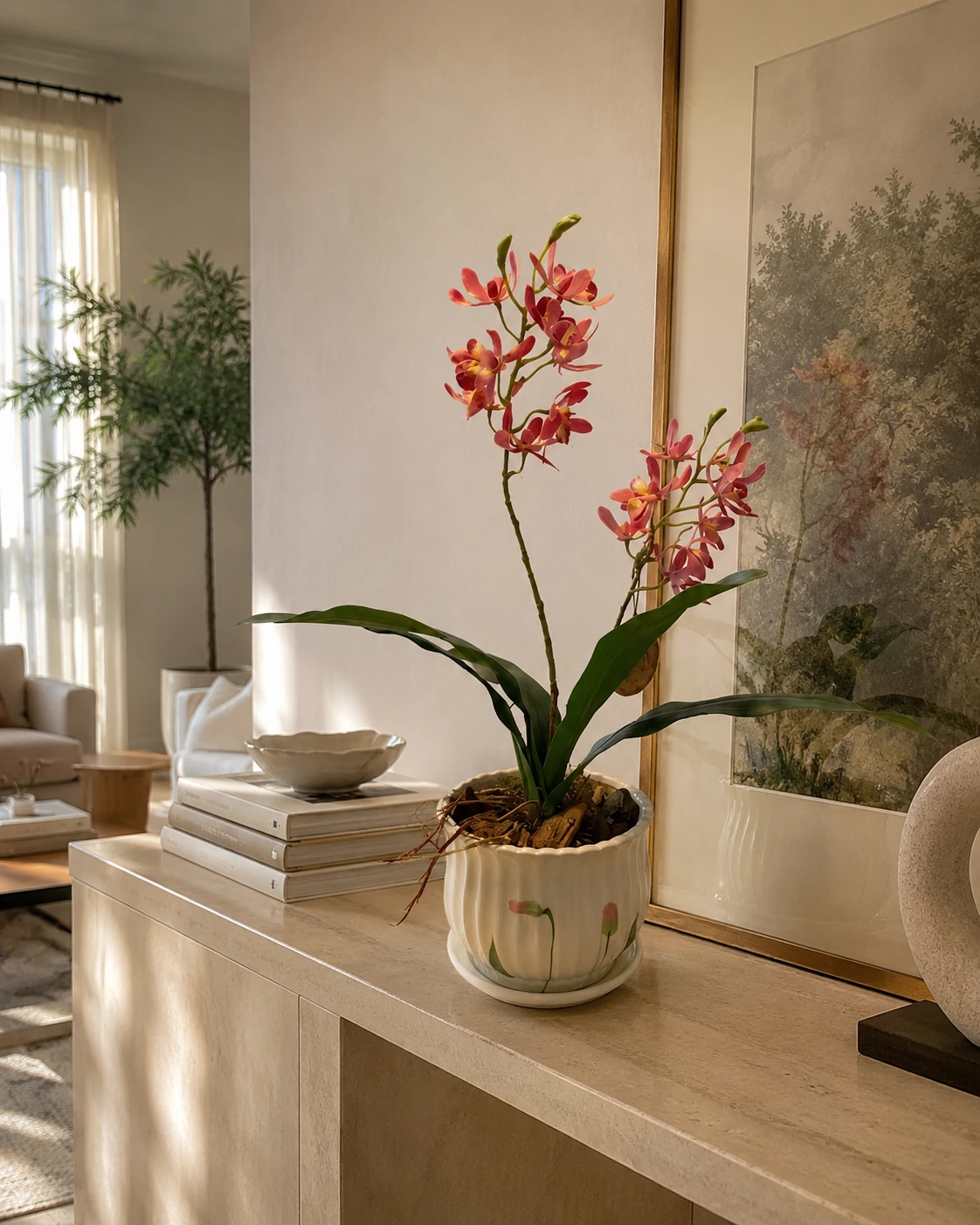Arranjo de Orquídea Rosa de Haste Dupla - Vaso de Cerâmica com Detalhe de Tulipas 4