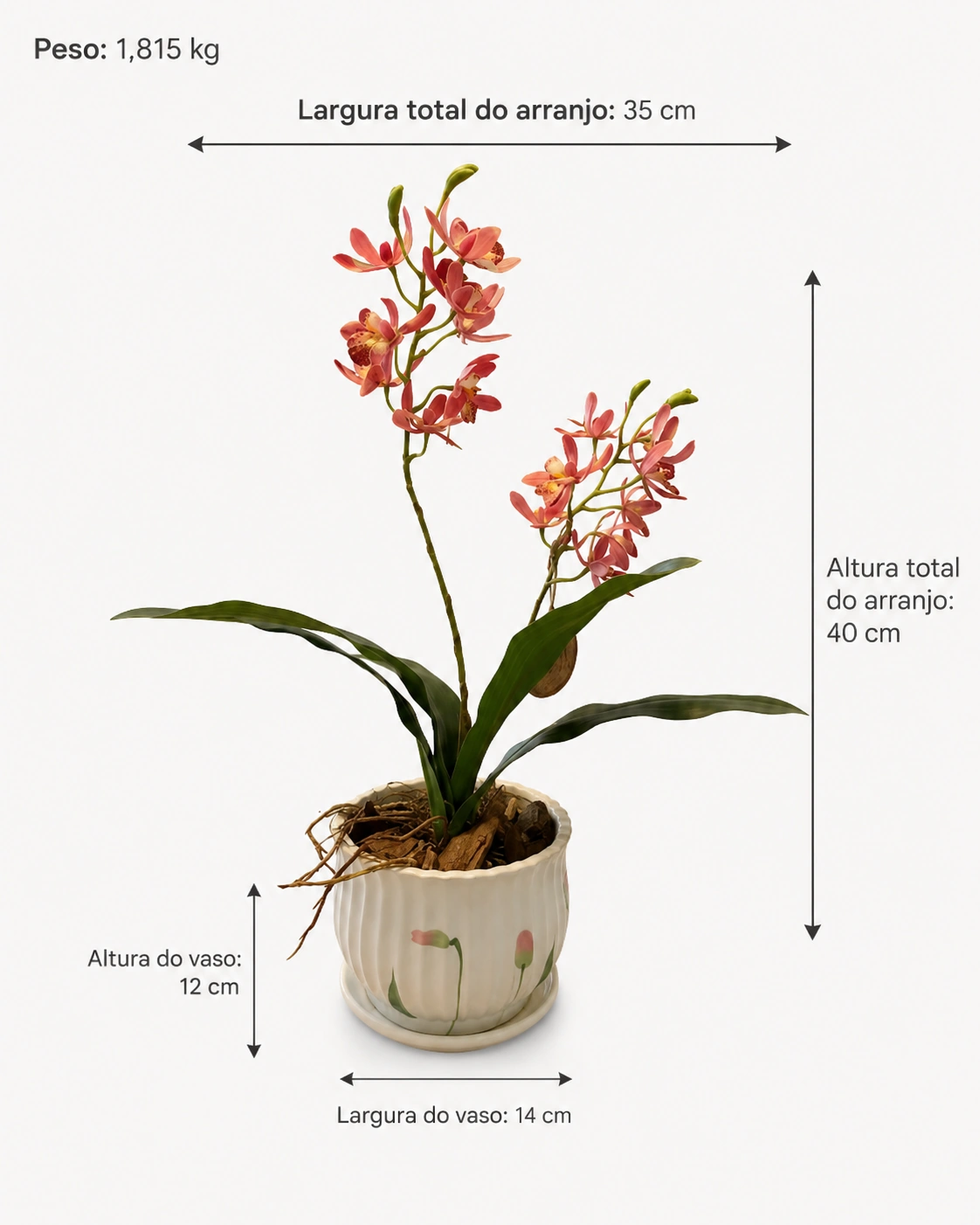 Arranjo de Orquídea Rosa de Haste Dupla - Vaso de Cerâmica com Detalhe de Tulipas 6