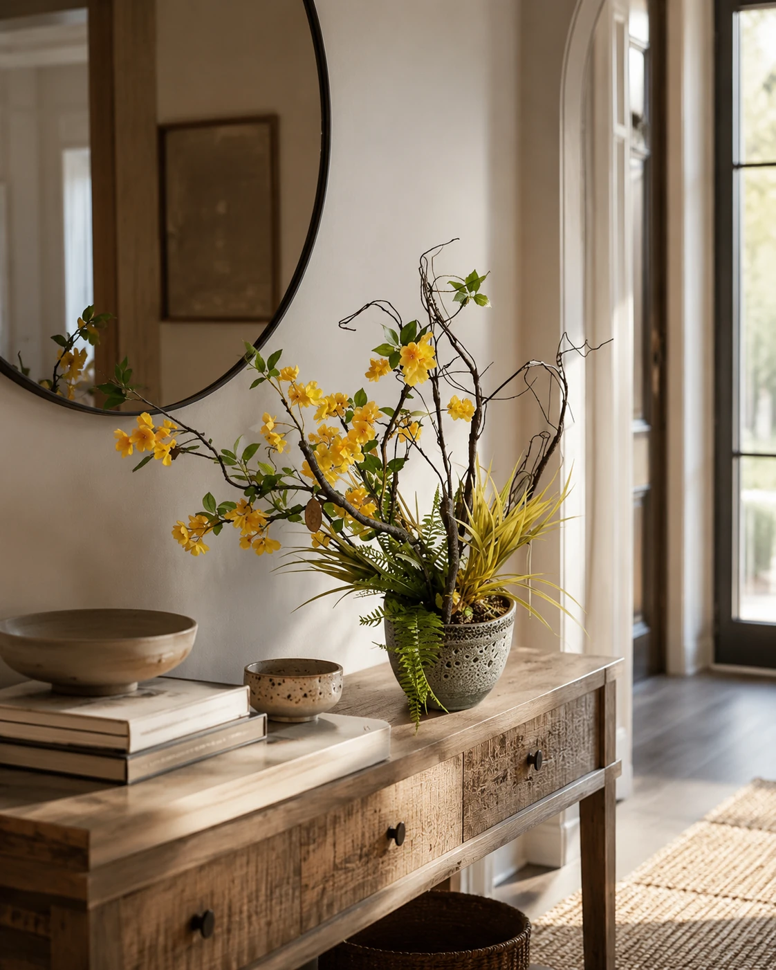 Arranjo Estilo Ikebana com Flores Amarelas e Galhos - Vaso Rústico Verde Oliva