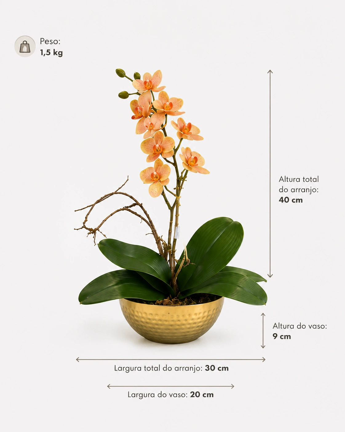 Arranjo de Orquídea Coral para Lavabo - Vaso Tipo Bowl Dourado Texturizado 6