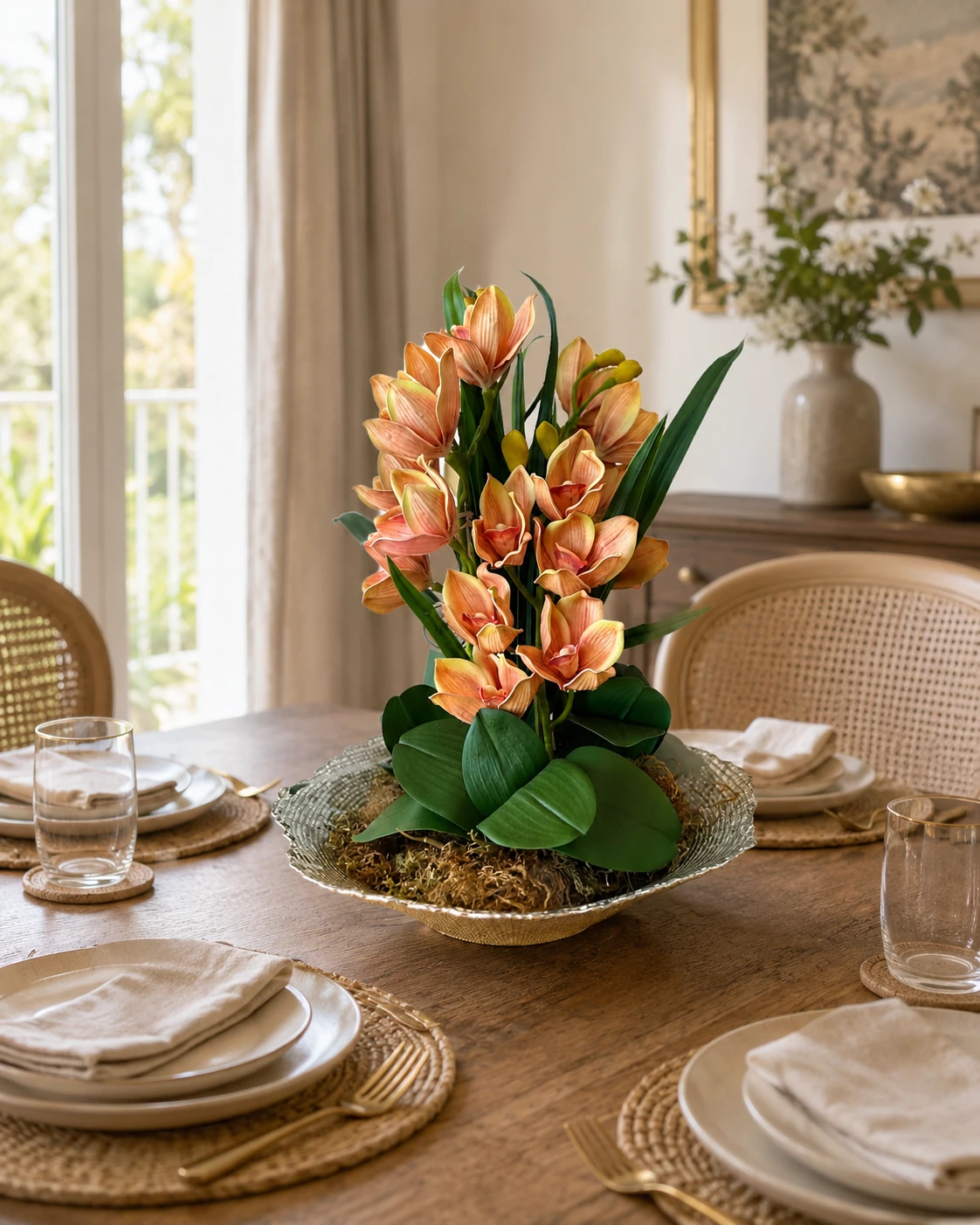 Arranjo de Orquídea Cymbidium Terracota Luxo - Centro de Mesa em Bacia Prateada