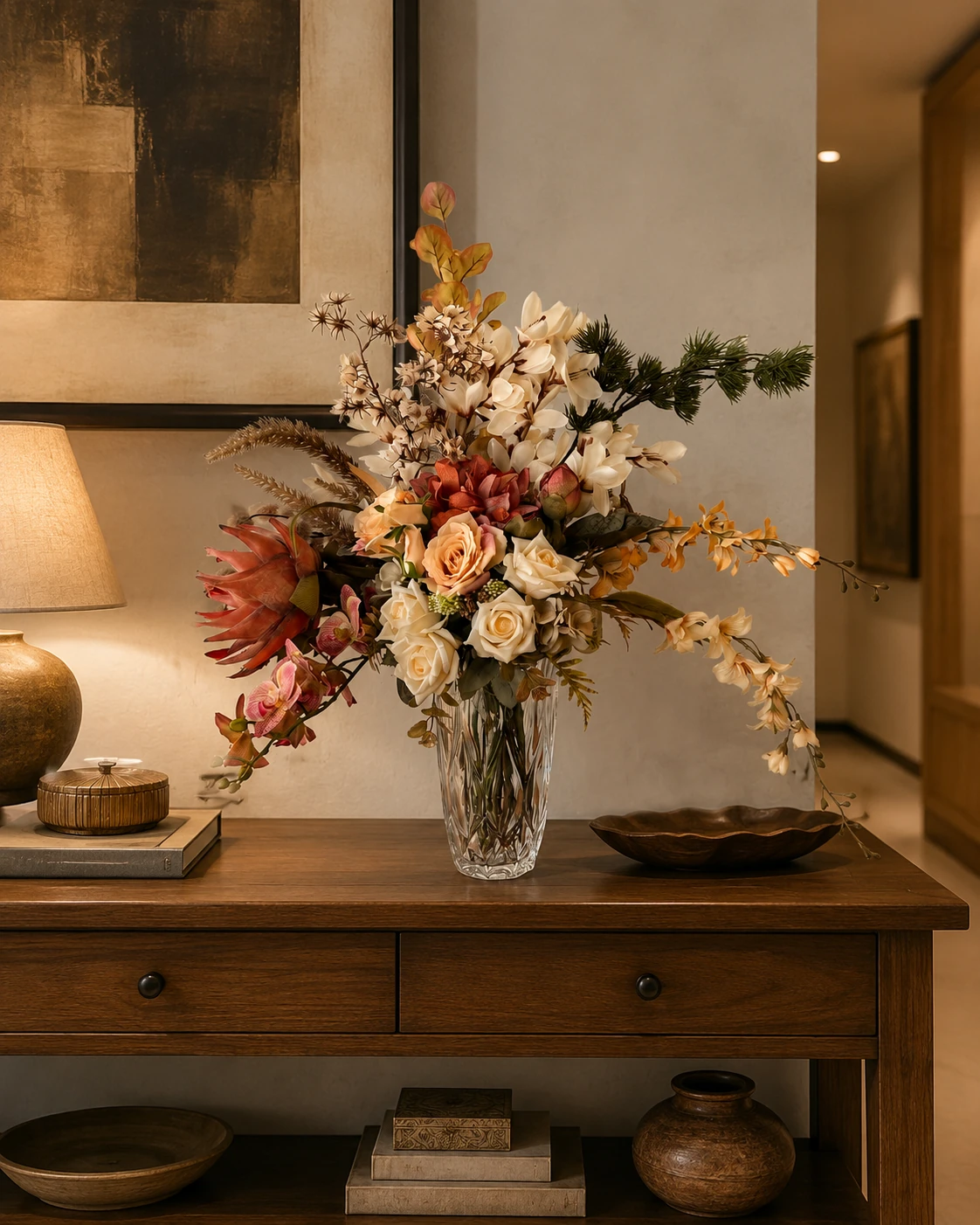 Arranjo de Flores Permanentes com Protea Exótica - Vaso de Cristal Transparente