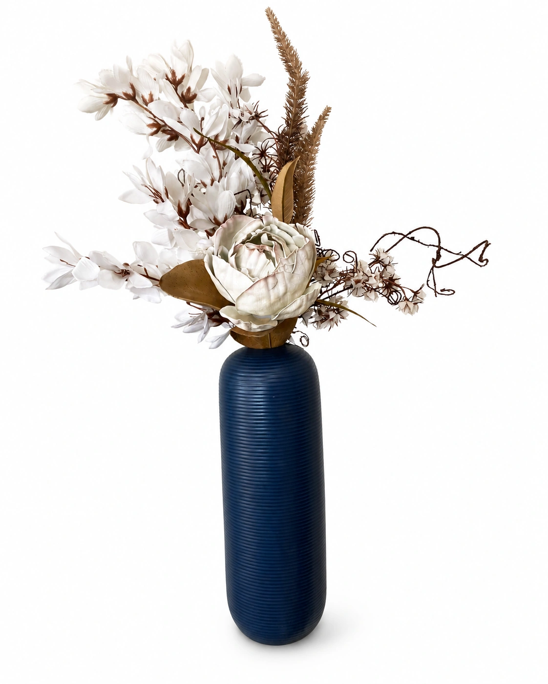 Arranjo de Flores Brancas e Magnólia - Vaso de Vidro Canelado Azul Marinho 5