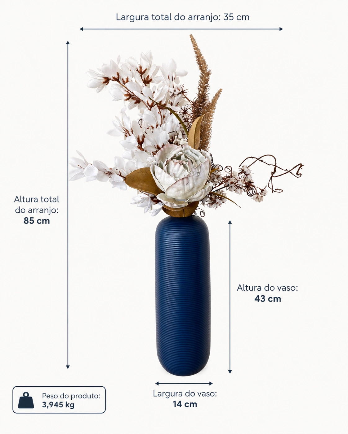 Arranjo de Flores Brancas e Magnólia - Vaso de Vidro Canelado Azul Marinho 6