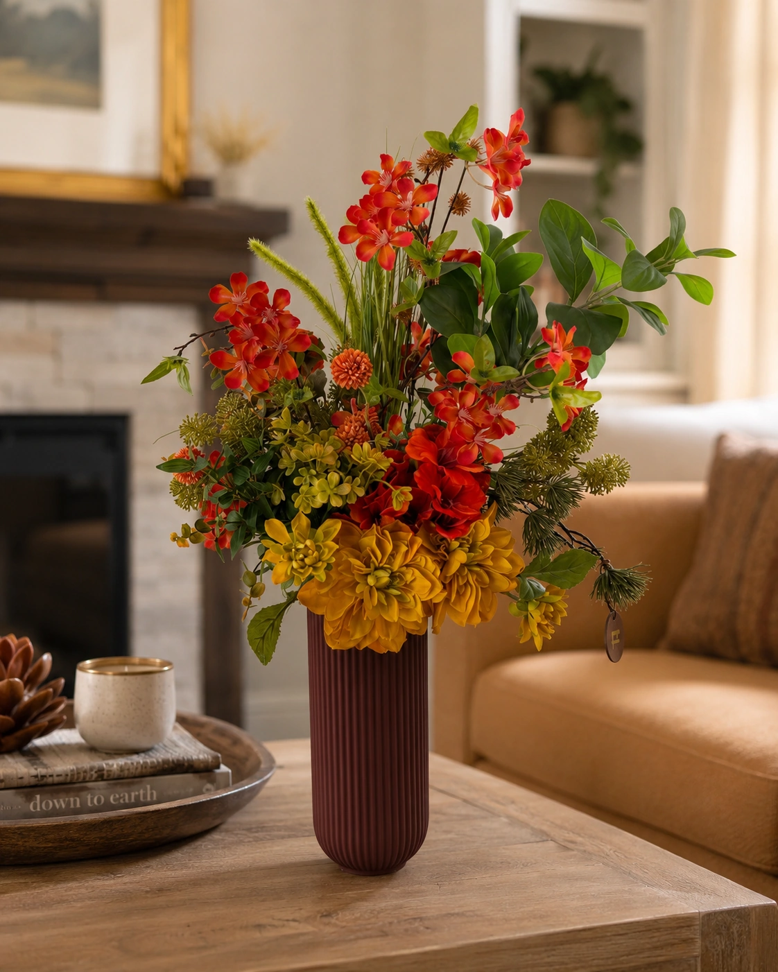 Arranjo de Flores Tropicais Laranja e Amarela - Vaso de Cerâmica Terracota Canelado 3