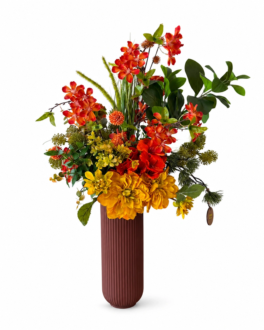Arranjo de Flores Tropicais Laranja e Amarela - Vaso de Cerâmica Terracota Canelado 6