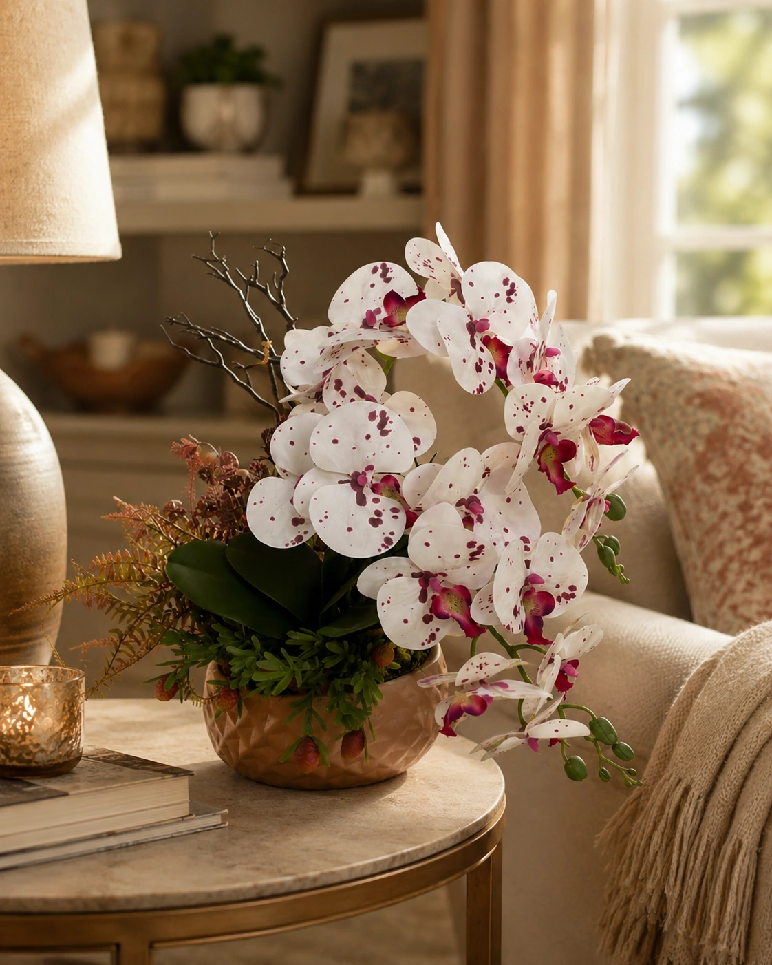Arranjo de Orquídeas Brancas com Detalhes Rosados em Vaso Bege 4