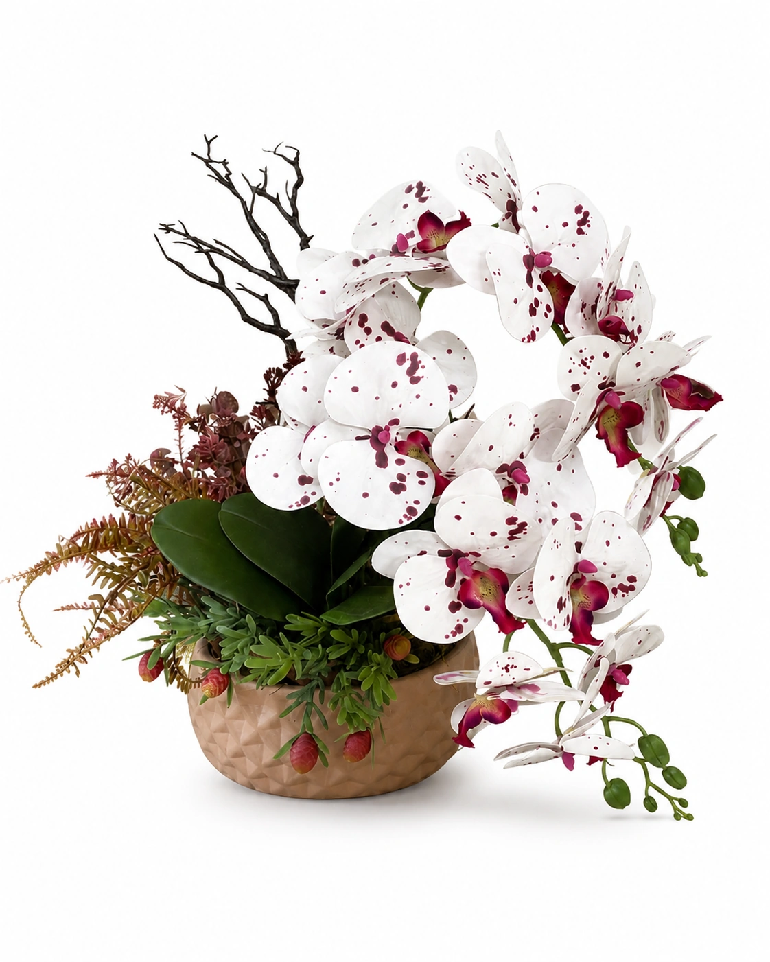 Arranjo de Orquídeas Brancas com Detalhes Rosados em Vaso Bege 6