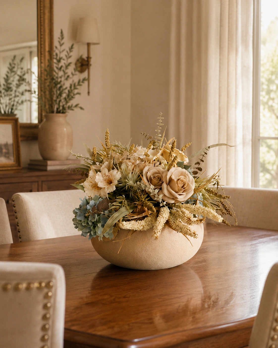 Arranjo Floral Bege com Rosas, Hortênsias Azuis e Folhagens em Vaso Baixo