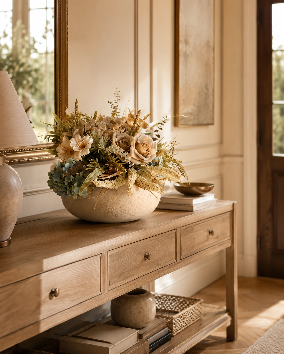 Arranjo Floral Bege com Rosas, Hortênsias Azuis e Folhagens em Vaso Baixo 2