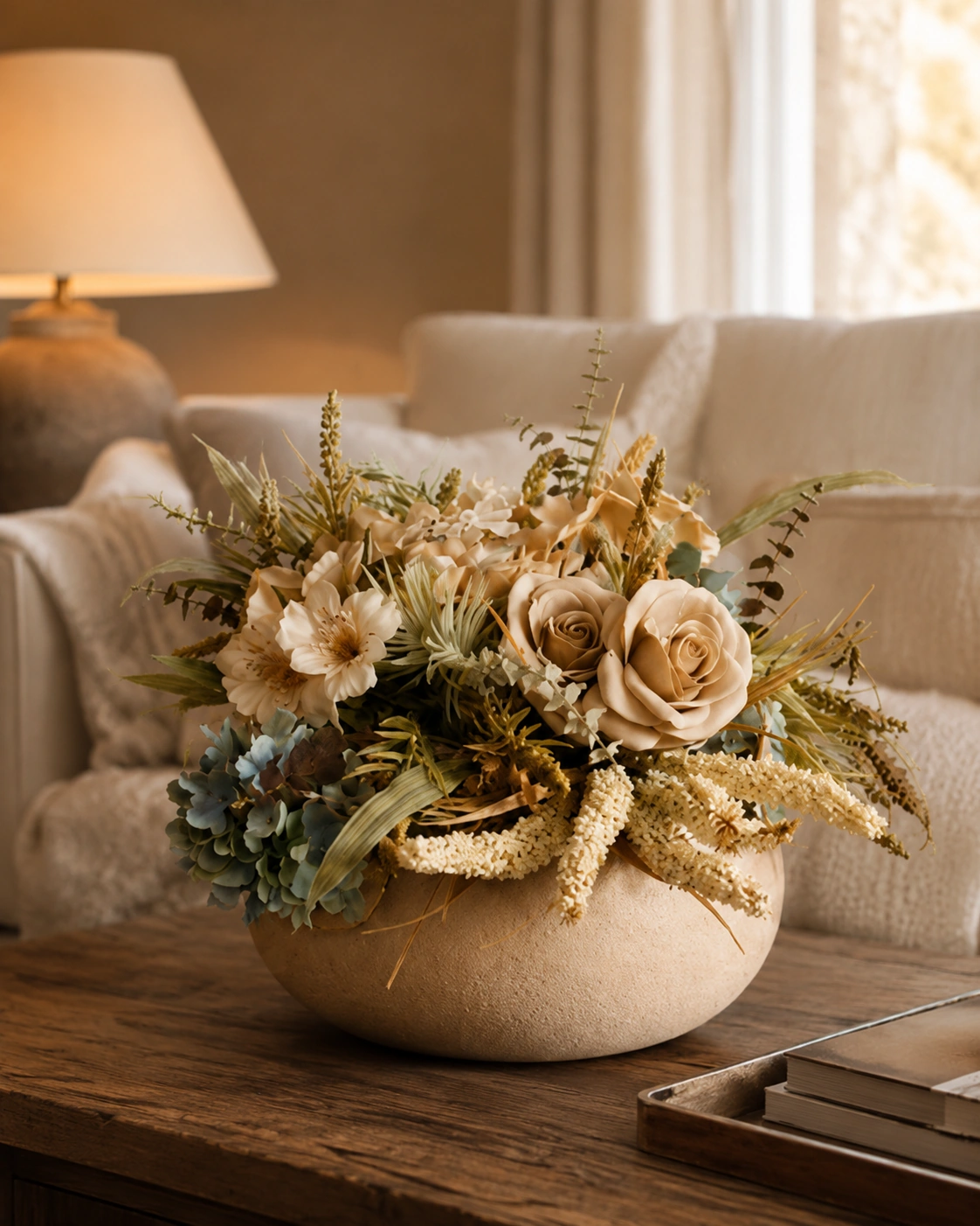Arranjo Floral Bege com Rosas, Hortênsias Azuis e Folhagens em Vaso Baixo 3