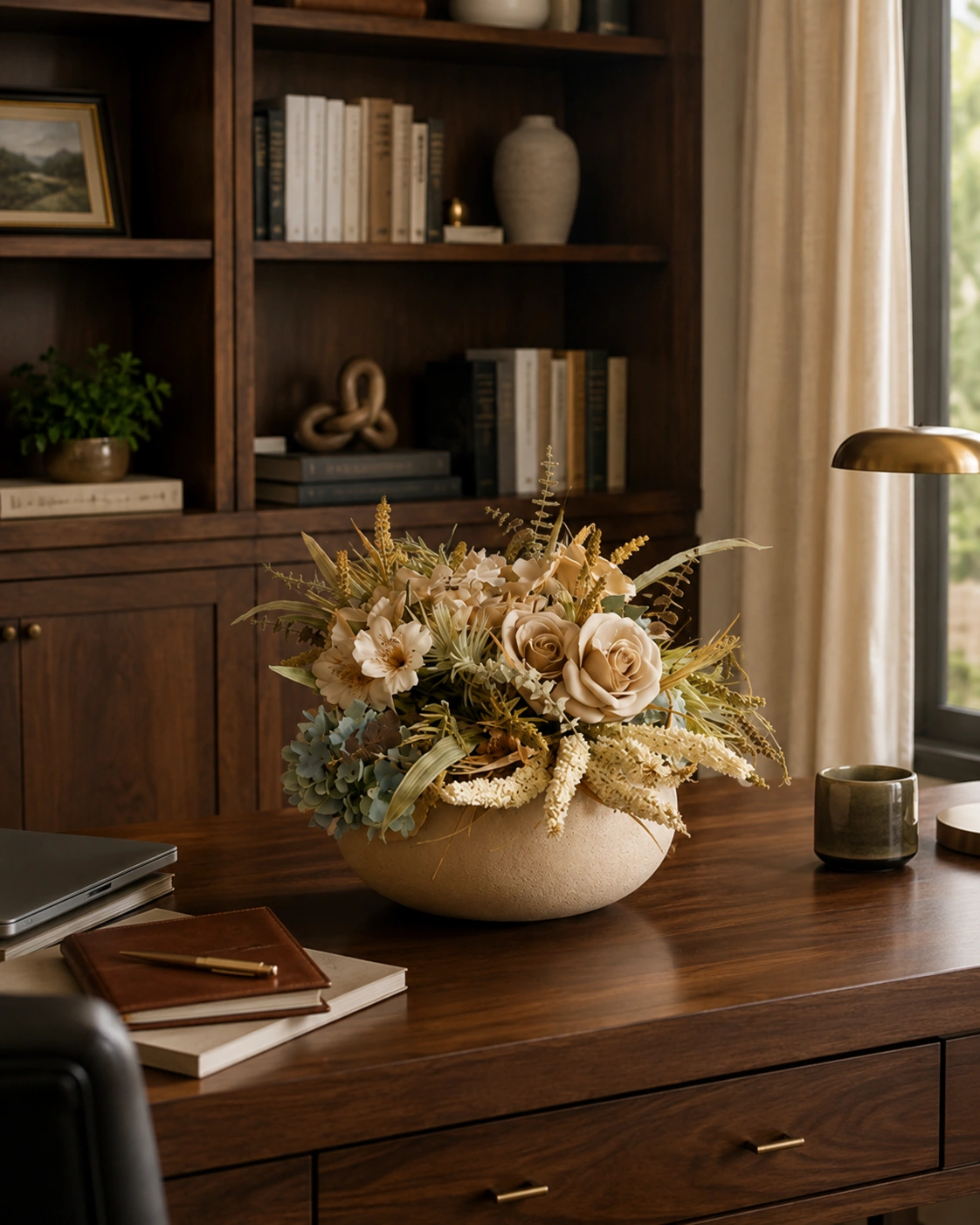 Arranjo Floral Bege com Rosas, Hortênsias Azuis e Folhagens em Vaso Baixo 4