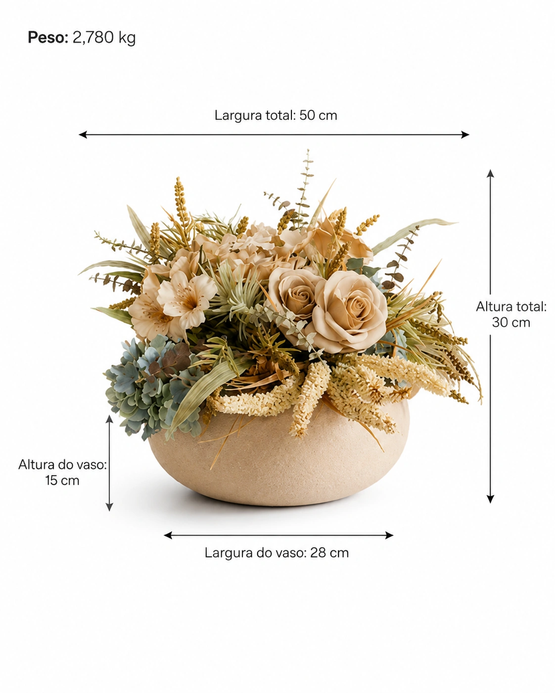 Arranjo Floral Bege com Rosas, Hortênsias Azuis e Folhagens em Vaso Baixo 6