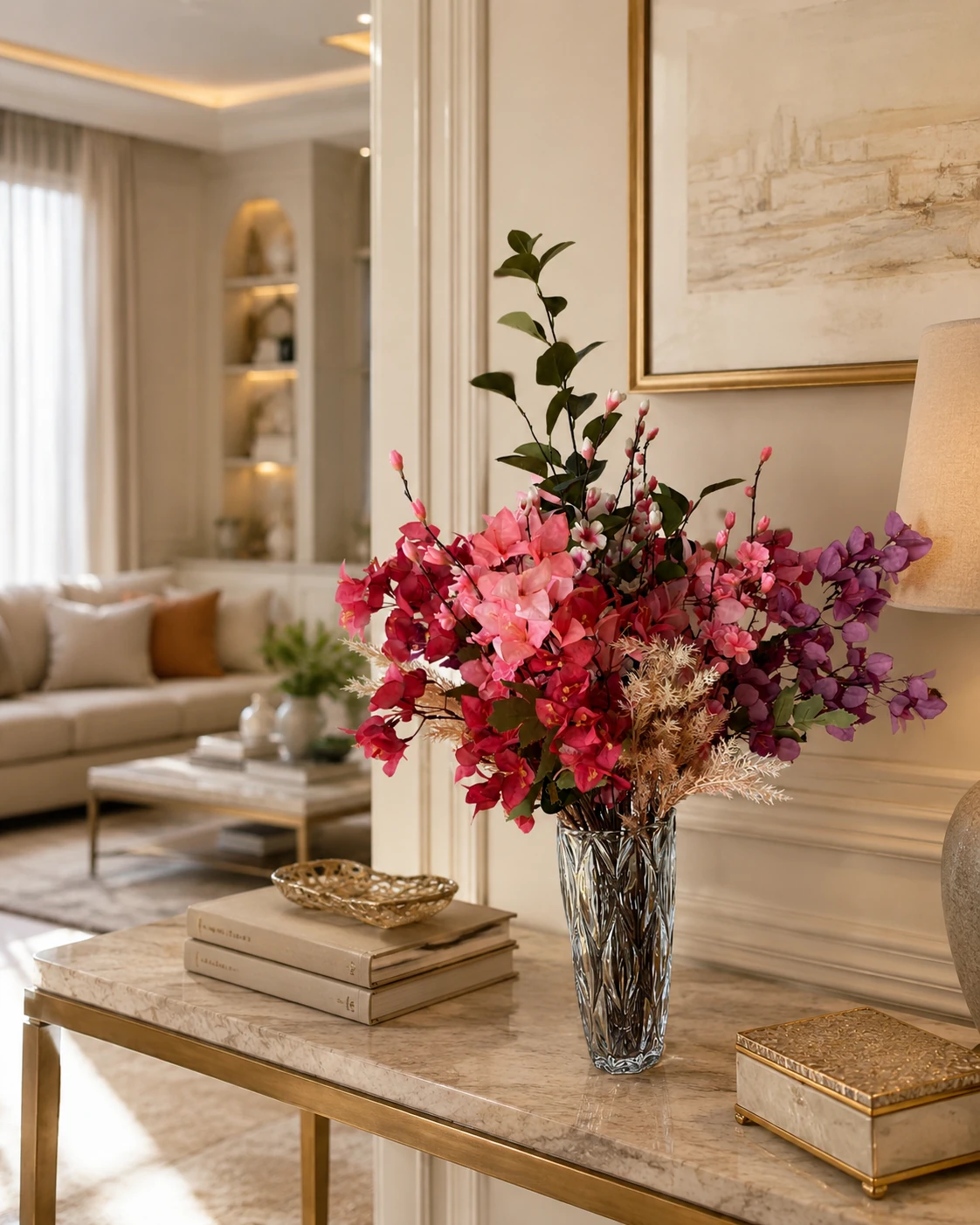 Arranjo Floral Rosa e Marsala com Bougainville, Flores Delicadas e Vaso de Cristal