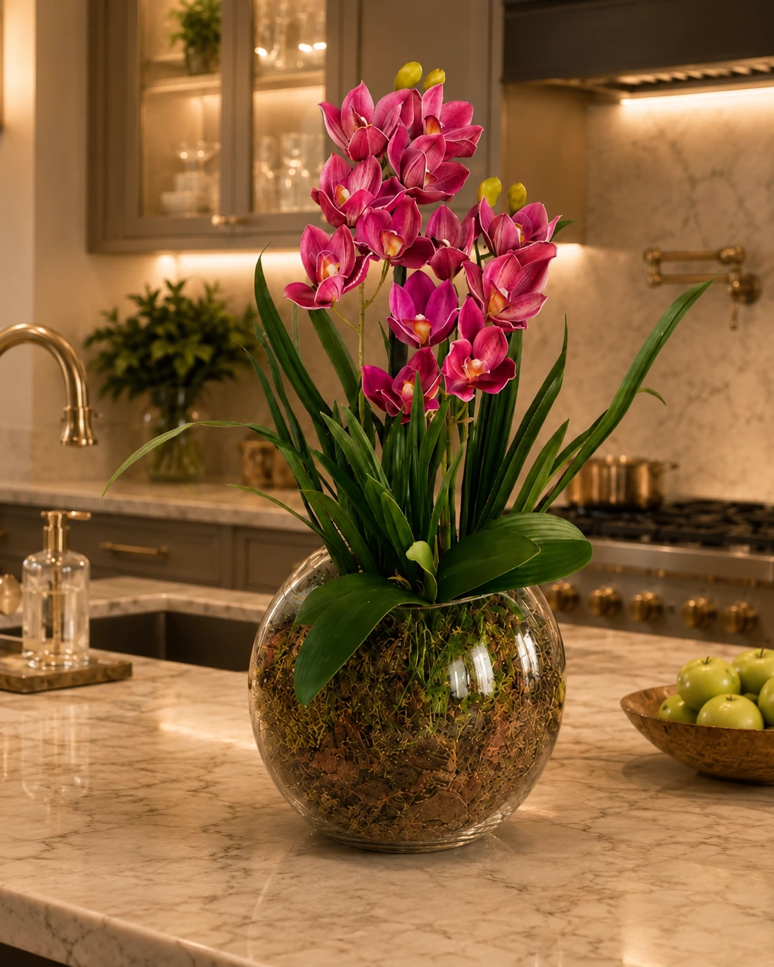 Arranjo de Orquídeas Pink em Vaso de Vidro Redondo com Musgo