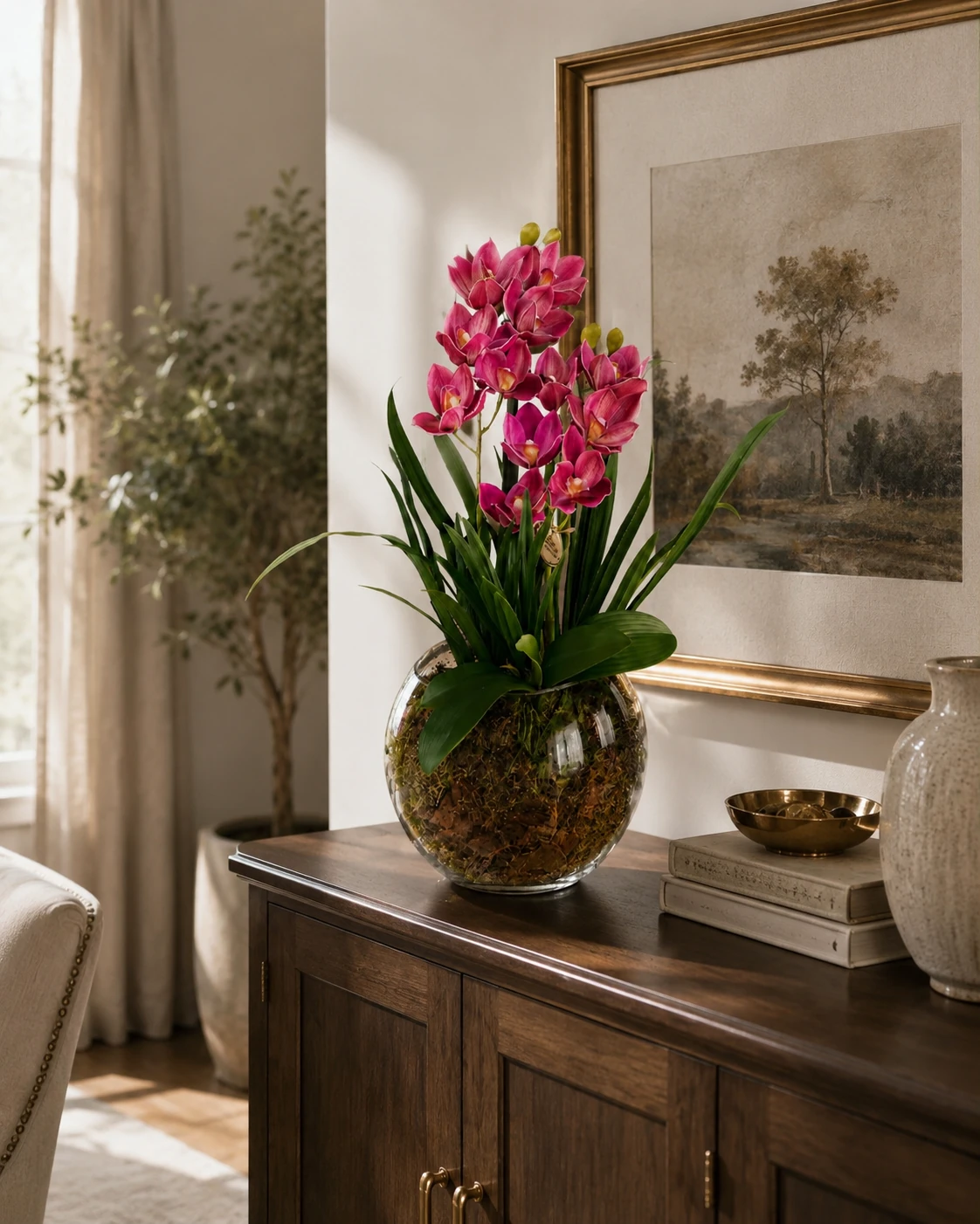 Arranjo de Orquídeas Pink em Vaso de Vidro Redondo com Musgo 2