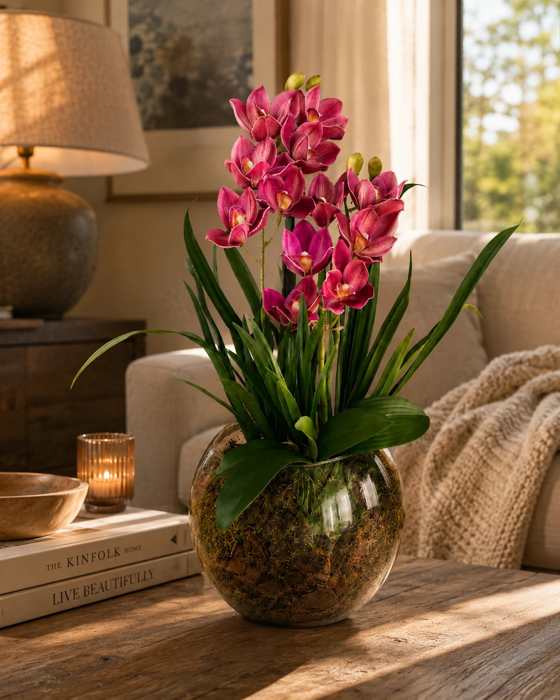 Arranjo de Orquídeas Pink em Vaso de Vidro Redondo com Musgo 3