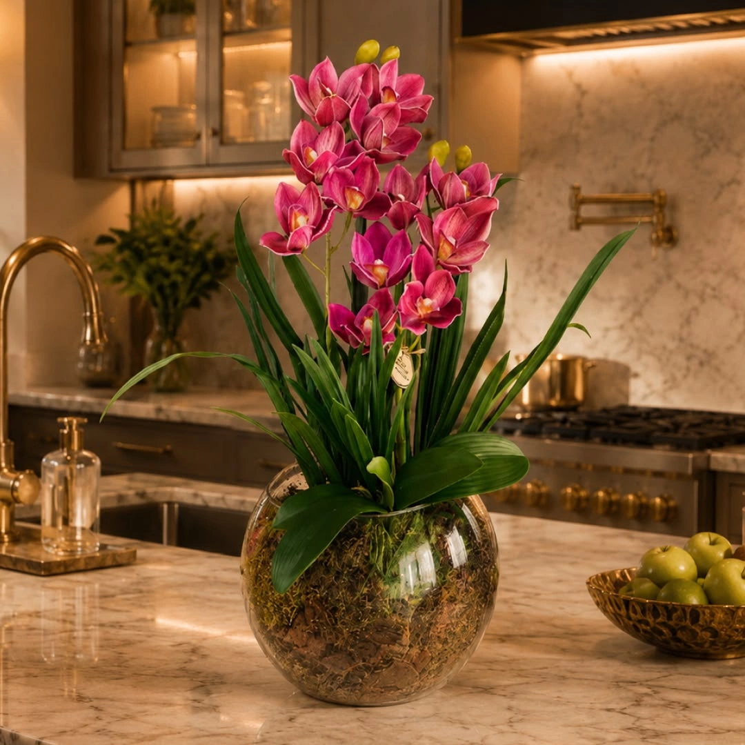 Arranjo de Orquídeas Pink em Vaso de Vidro Redondo com Musgo 7