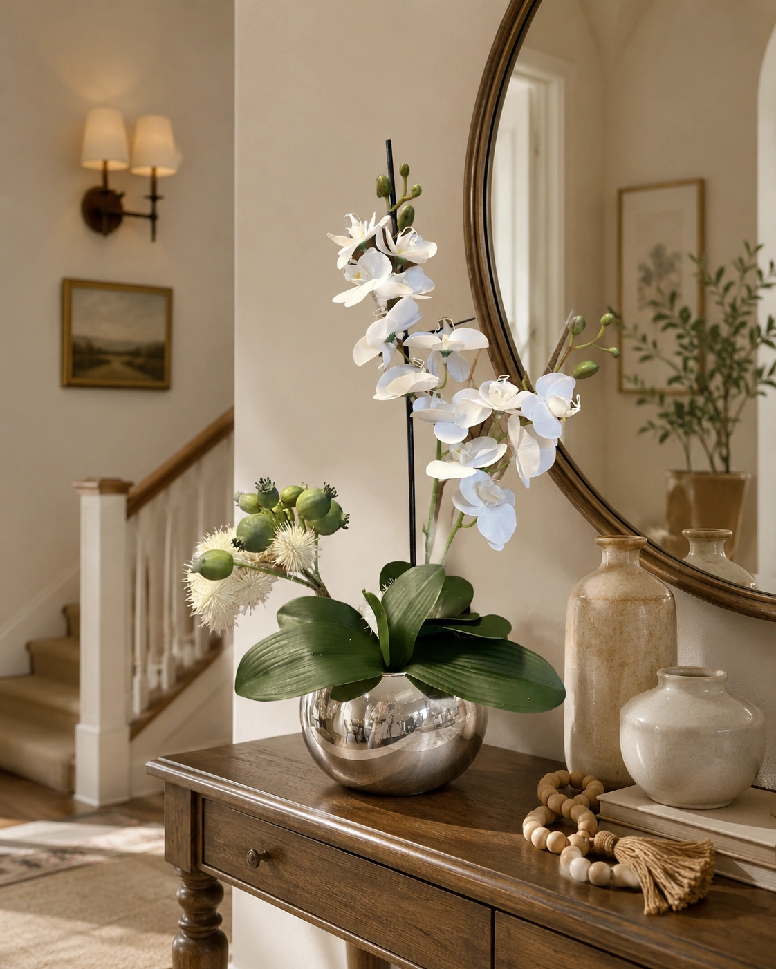 Arranjo de Orquídea Branca Artificial Phalaenopsis - Vaso Redondo Prata Espelhado