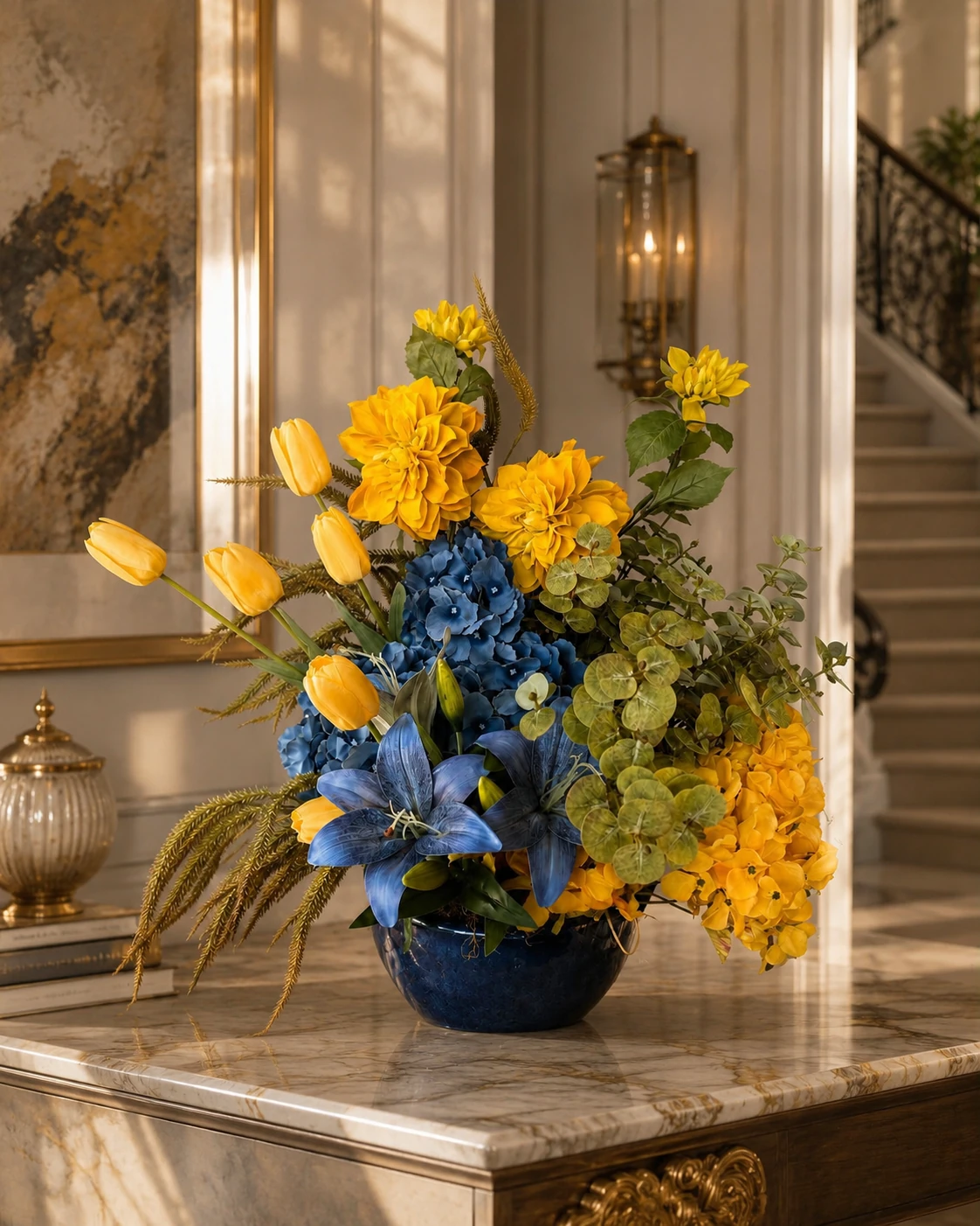 Arranjo Floral Azul e Amarelo com Tulipas, Lírios e Hortênsias em Vaso Azul