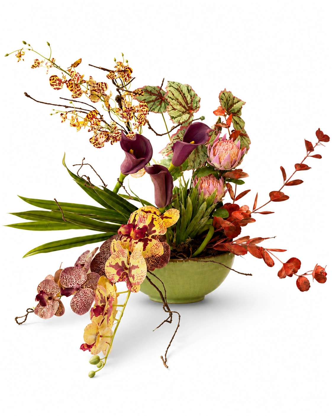 Arranjo de Orquídeas Amarelas Pintadas com Copos-de-Leite Marsala e Proteas Rosadas 5