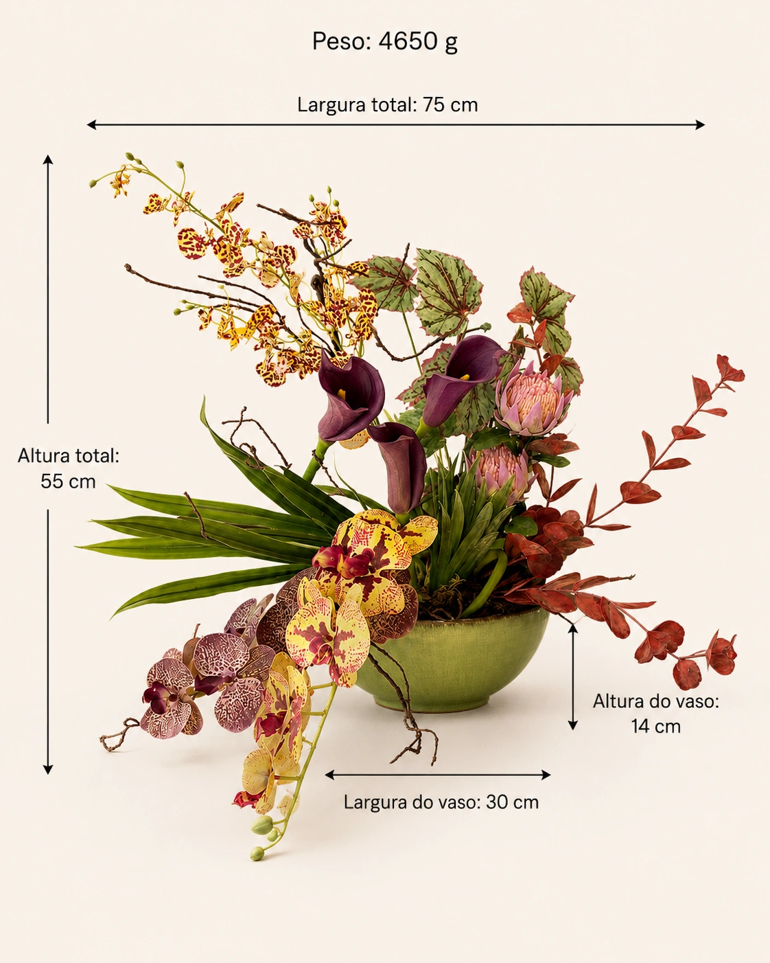 Arranjo de Orquídeas Amarelas Pintadas com Copos-de-Leite Marsala e Proteas Rosadas 6