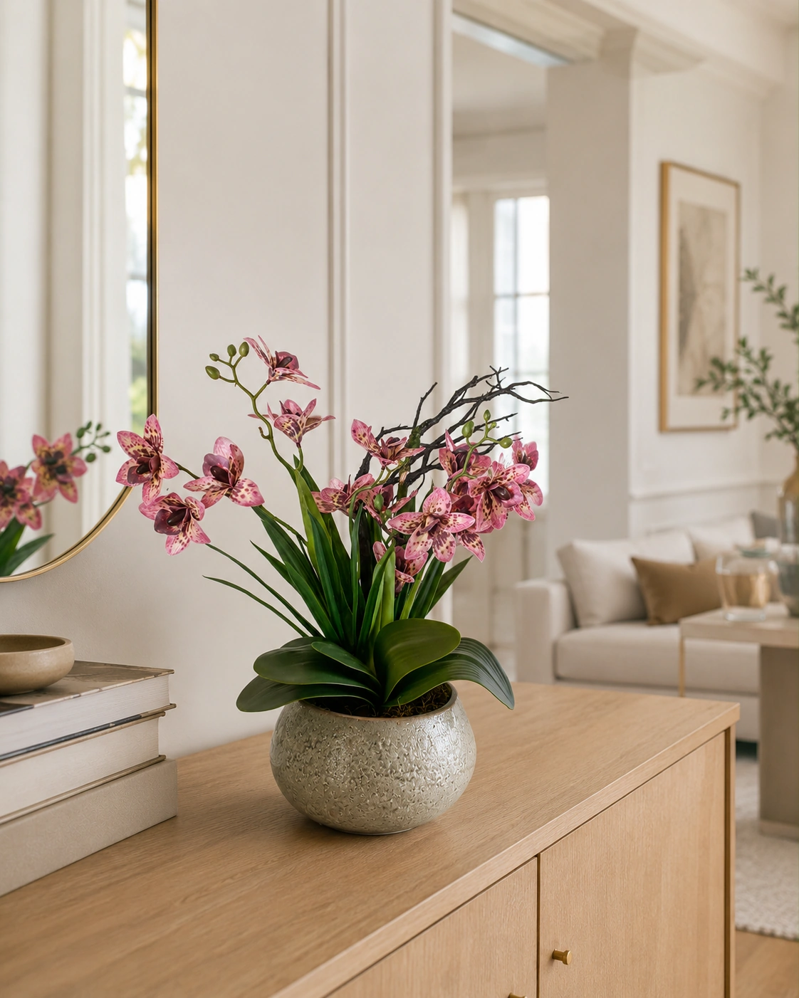 Arranjo de Orquídeas Rosadas Pintadas em Vaso Champagne Texturizado