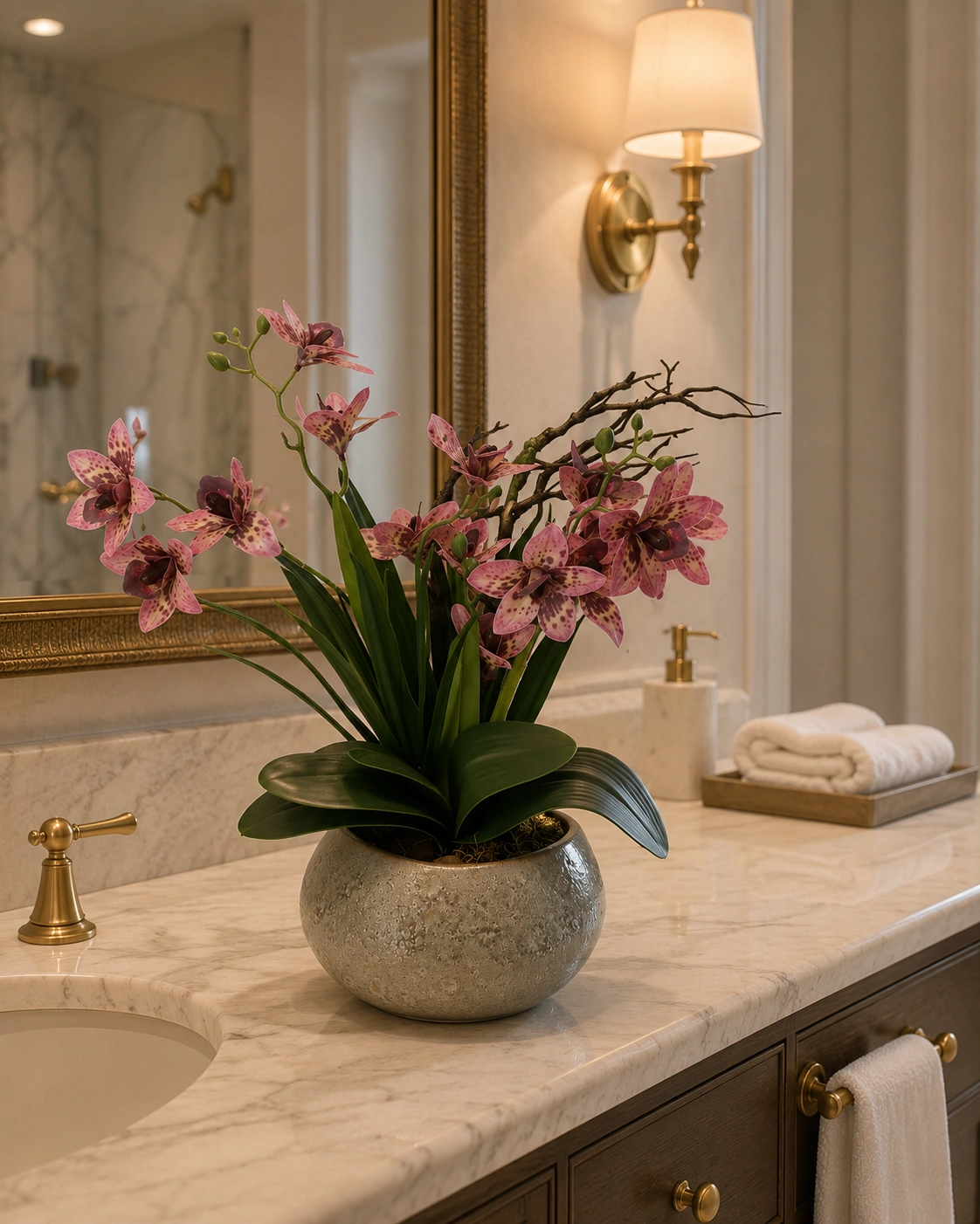 Arranjo de Orquídeas Rosadas Pintadas em Vaso Champagne Texturizado 2