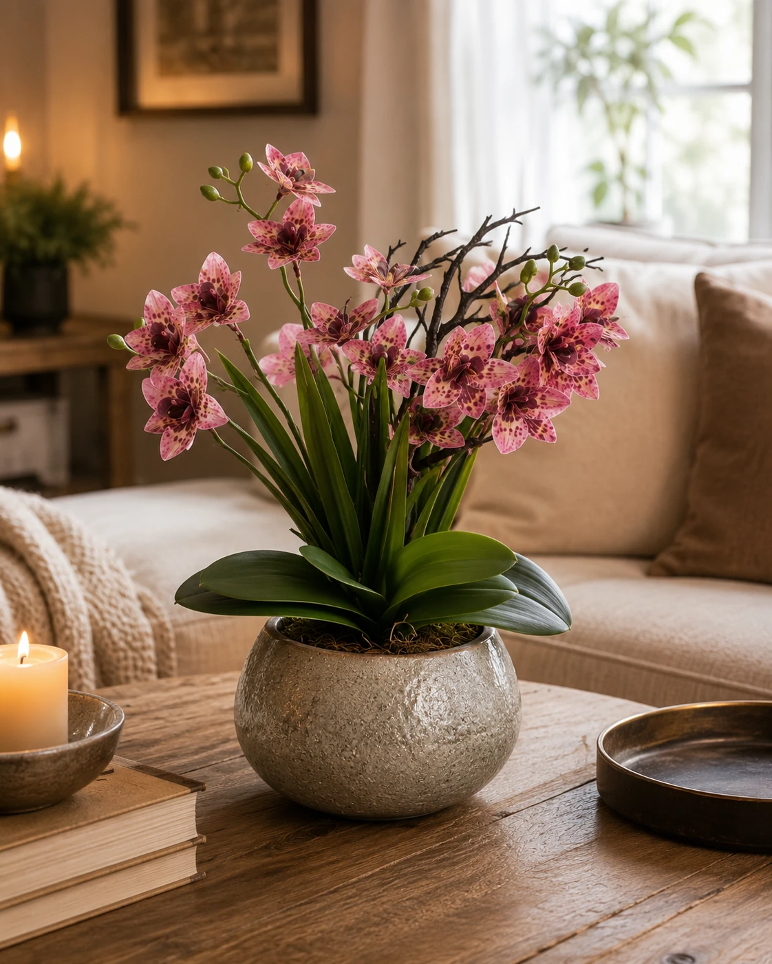 Arranjo de Orquídeas Rosadas Pintadas em Vaso Champagne Texturizado 3