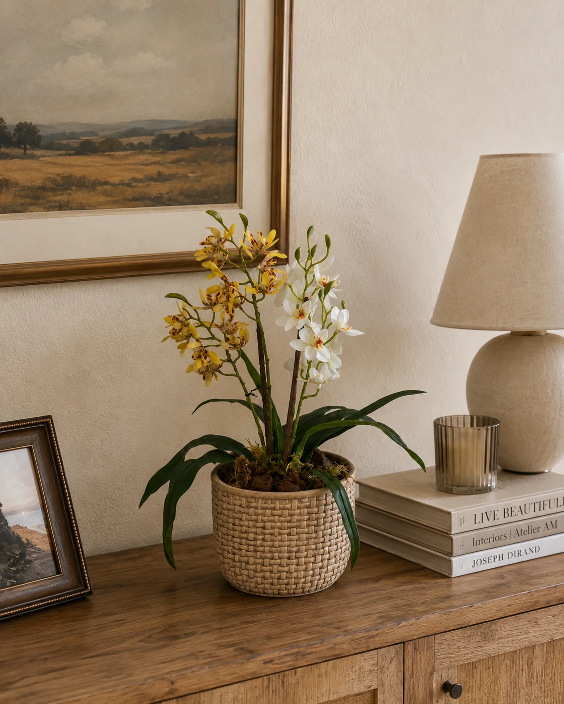 Arranjo de Orquídeas Amarelas Pintadas e Brancas em Vaso Bege Texturizado Casa Feliz