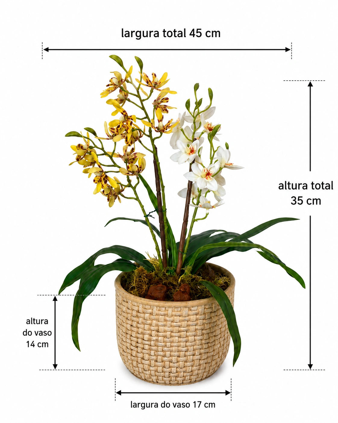 Arranjo de Orquídeas Amarelas Pintadas e Brancas em Vaso Bege Texturizado Casa Feliz 6