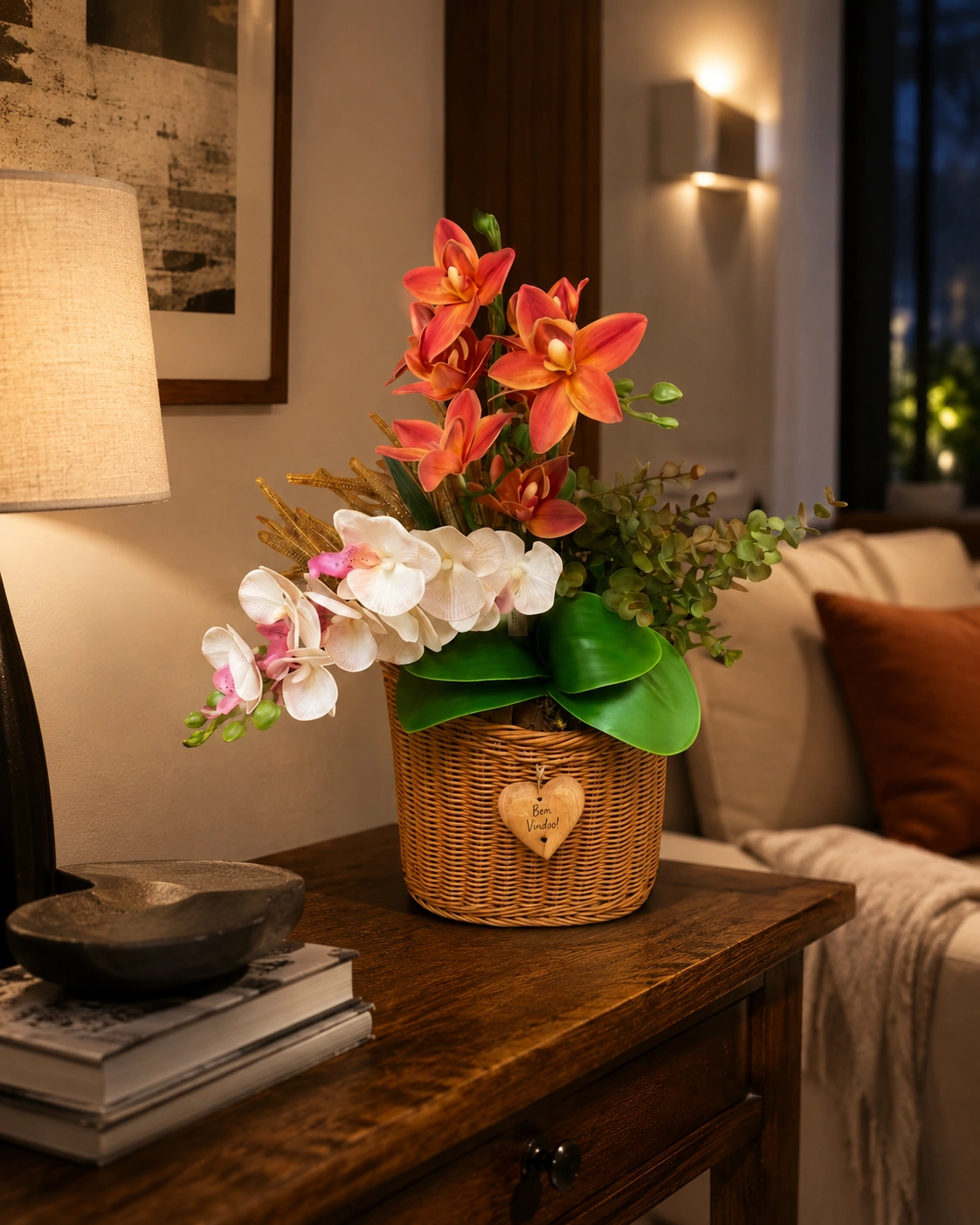 Cesto de Porta Natalino com Orquídeas Terracota e Brancas - Guirlanda de Boas-Vindas 4