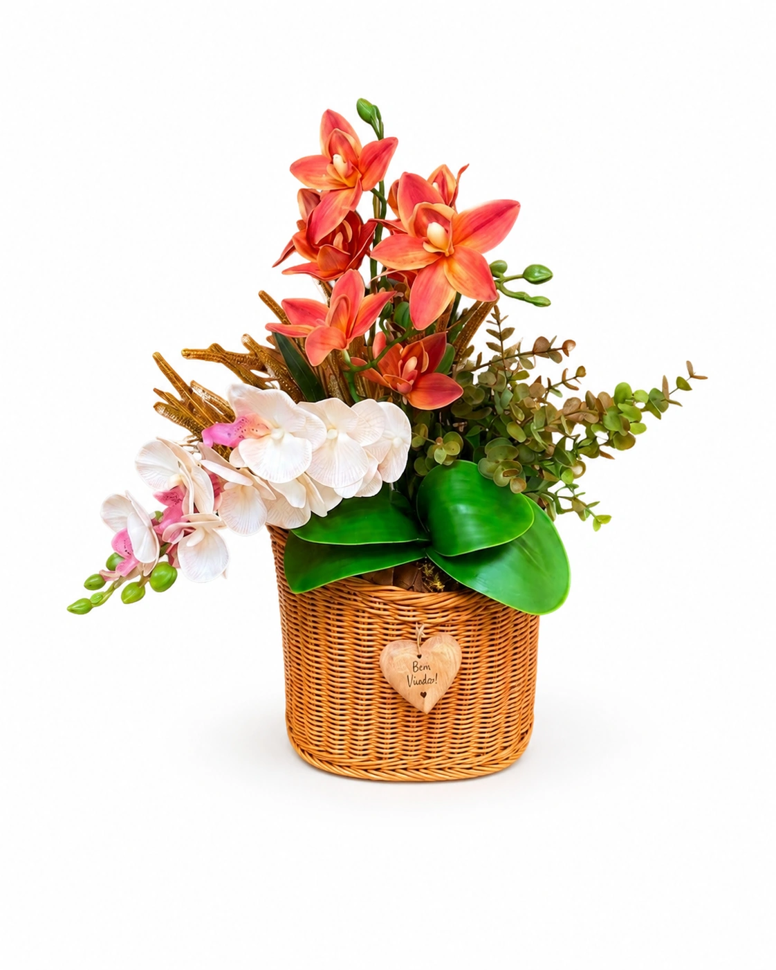 Cesto de Porta Natalino com Orquídeas Terracota e Brancas - Guirlanda de Boas-Vindas 5