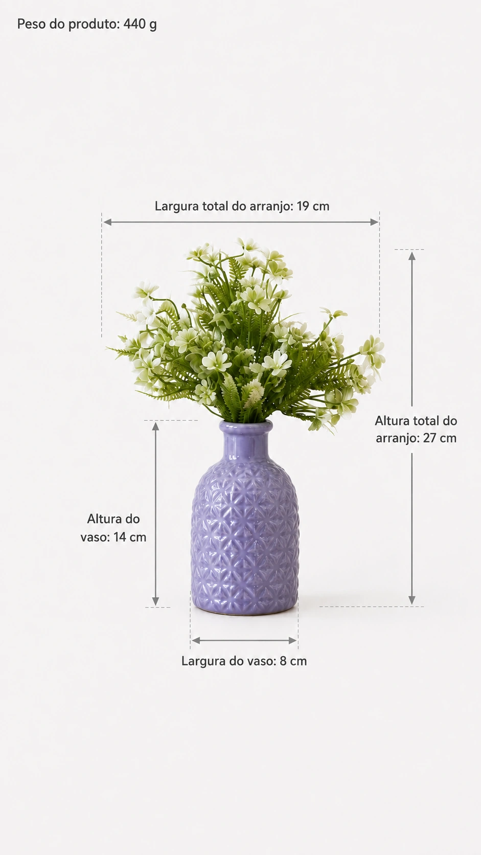 Arranjo de Flores Brancas e Folhagens em Vaso Lilás Texturizado Casa Feliz 2