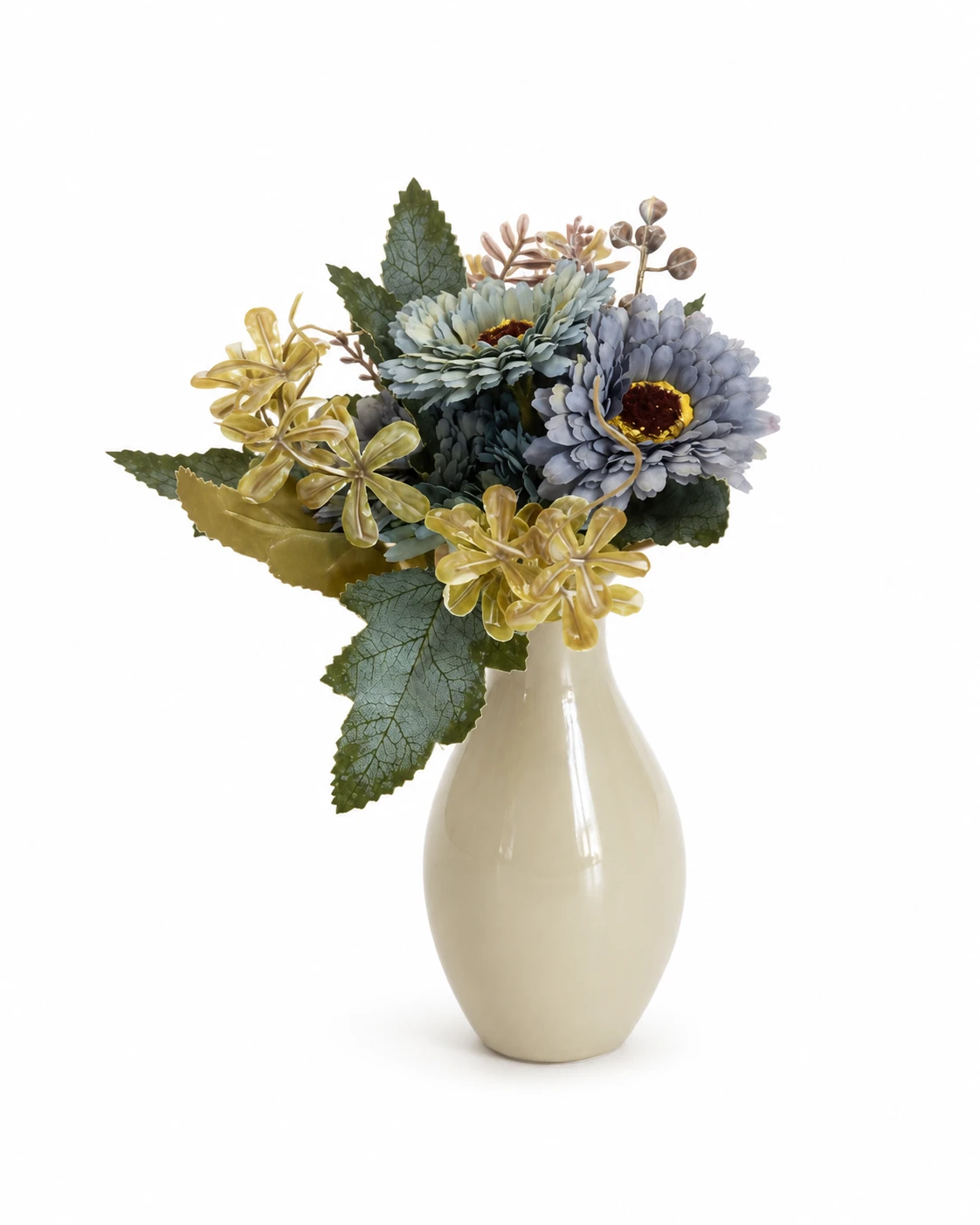 Arranjo de Flores Azuis e Douradas em Vaso Bege Casa Feliz 5