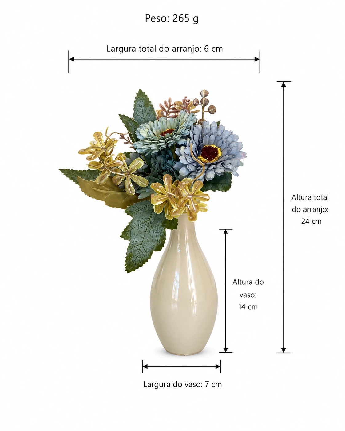 Arranjo de Flores Azuis e Douradas em Vaso Bege Casa Feliz 6