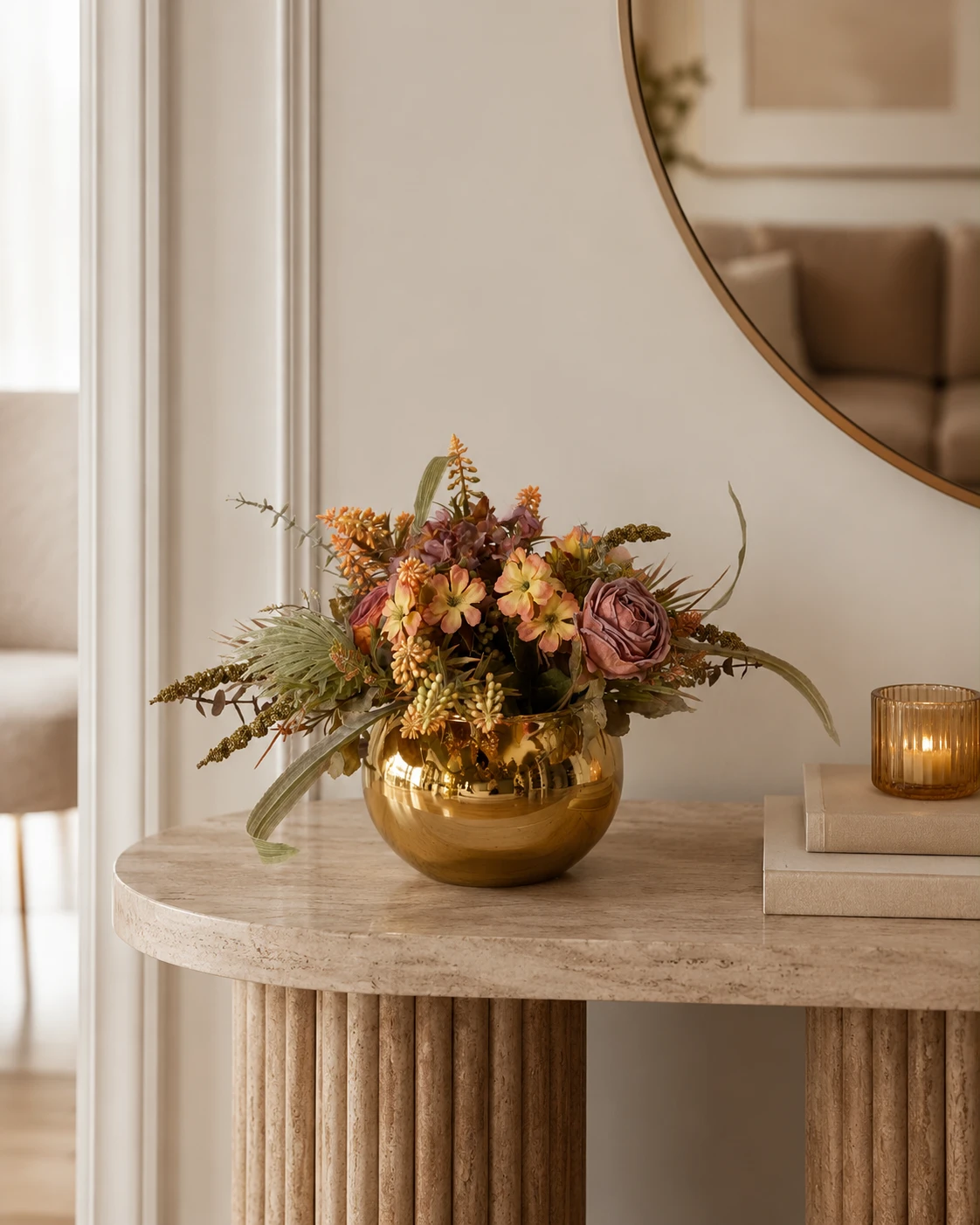 Arranjo Floral Rosé com Rosa Permanente, Flores Campestres e Vaso Dourado