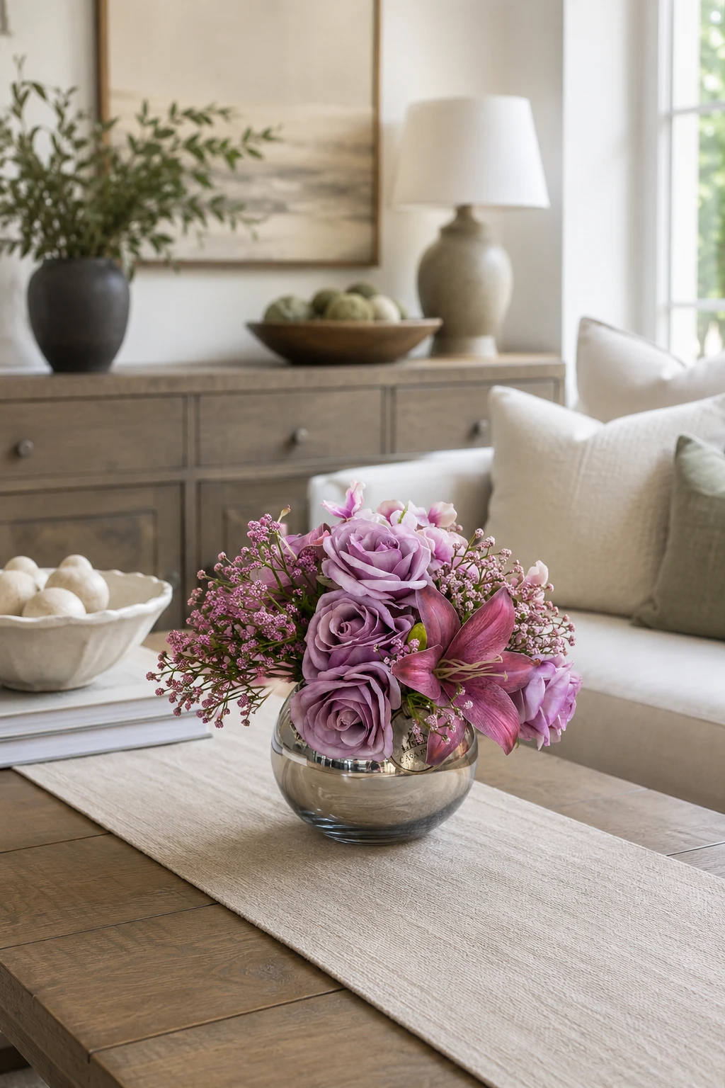 Arranjo Floral Lilás com Rosas, Lírio Rosado e Mosquitinhos em Vaso de Vidro