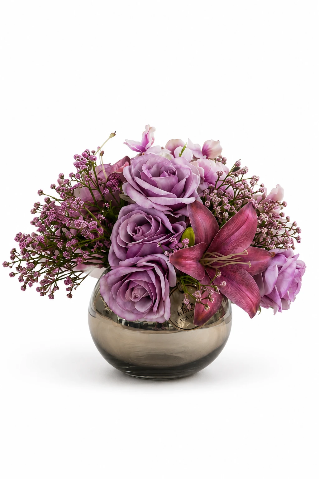 Arranjo Floral Lilás com Rosas, Lírio Rosado e Mosquitinhos em Vaso de Vidro 5