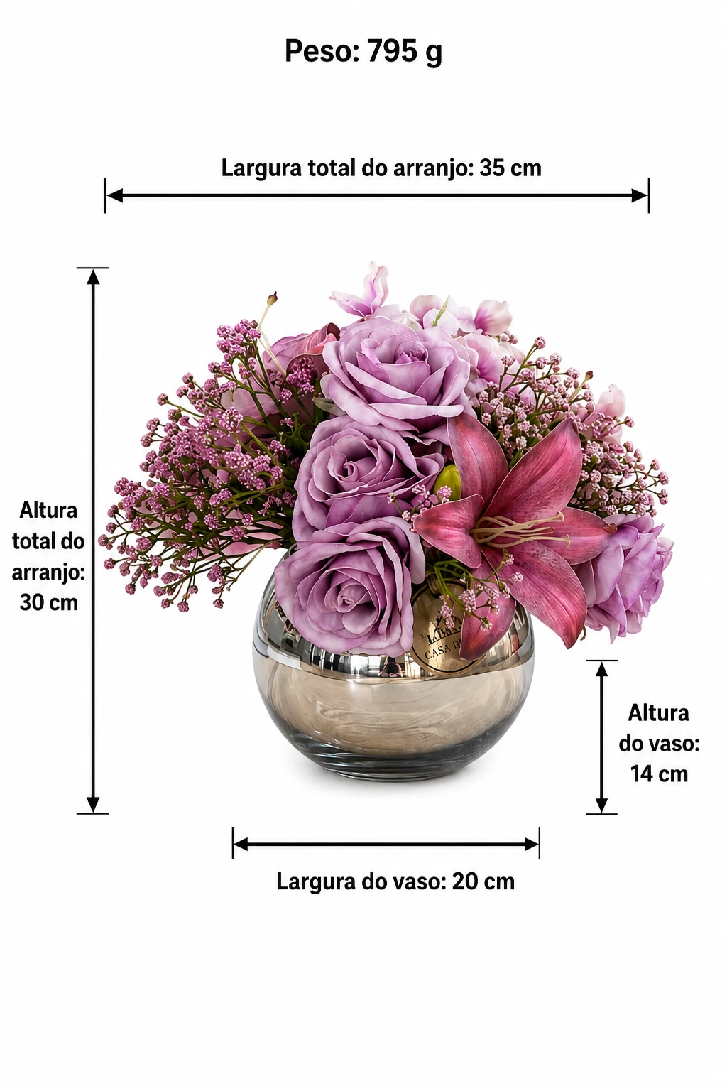 Arranjo Floral Lilás com Rosas, Lírio Rosado e Mosquitinhos em Vaso de Vidro 6