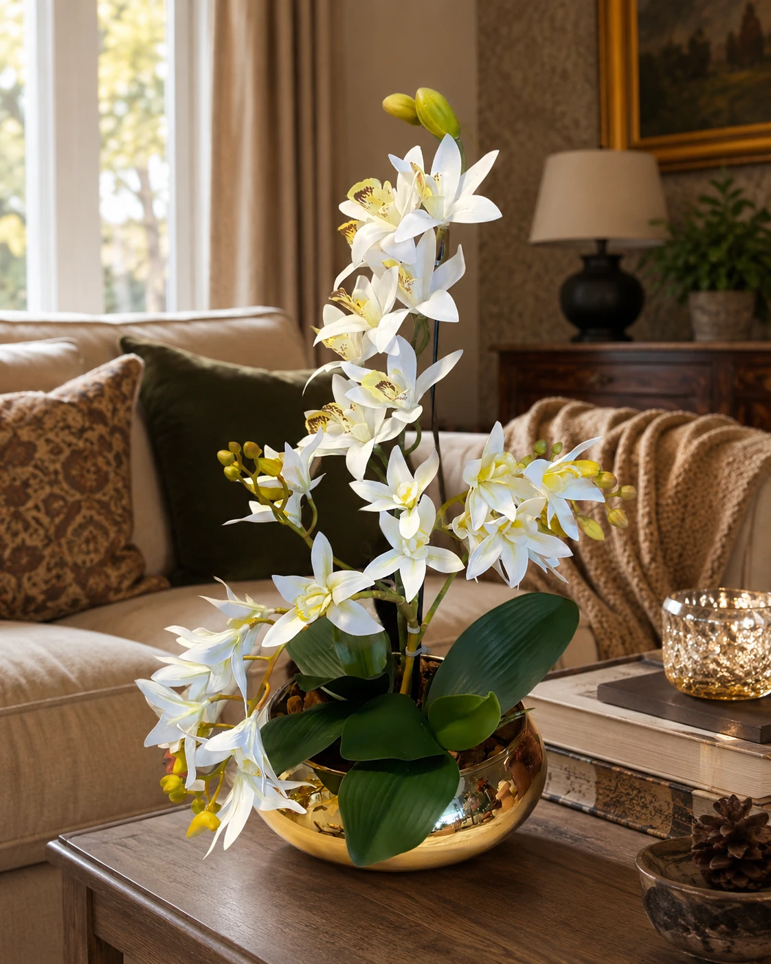 Arranjo de Orquídeas Cymbidium Brancas - Vaso de Vidro Dourado Luxo 3