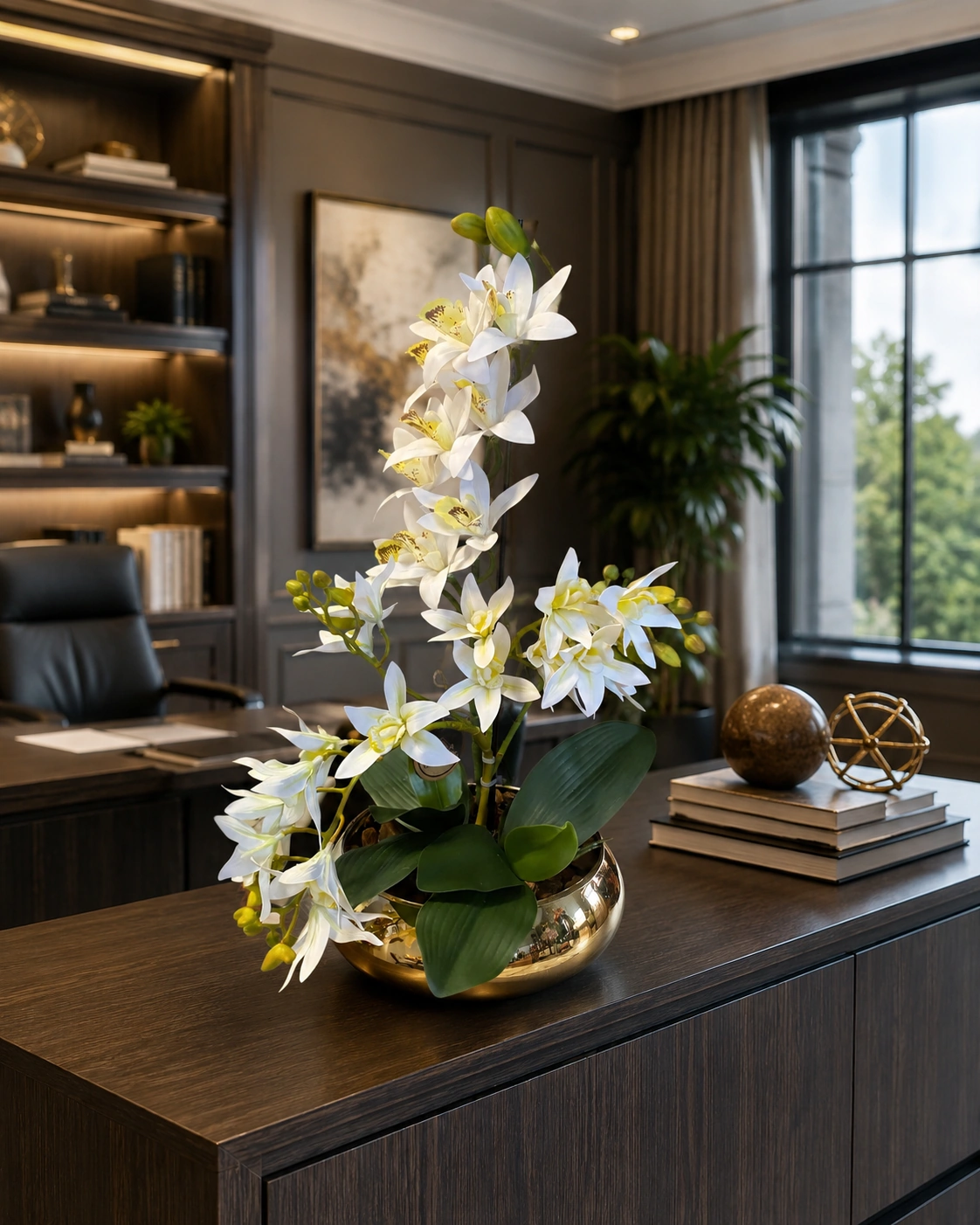 Arranjo de Orquídeas Cymbidium Brancas - Vaso de Vidro Dourado Luxo 4