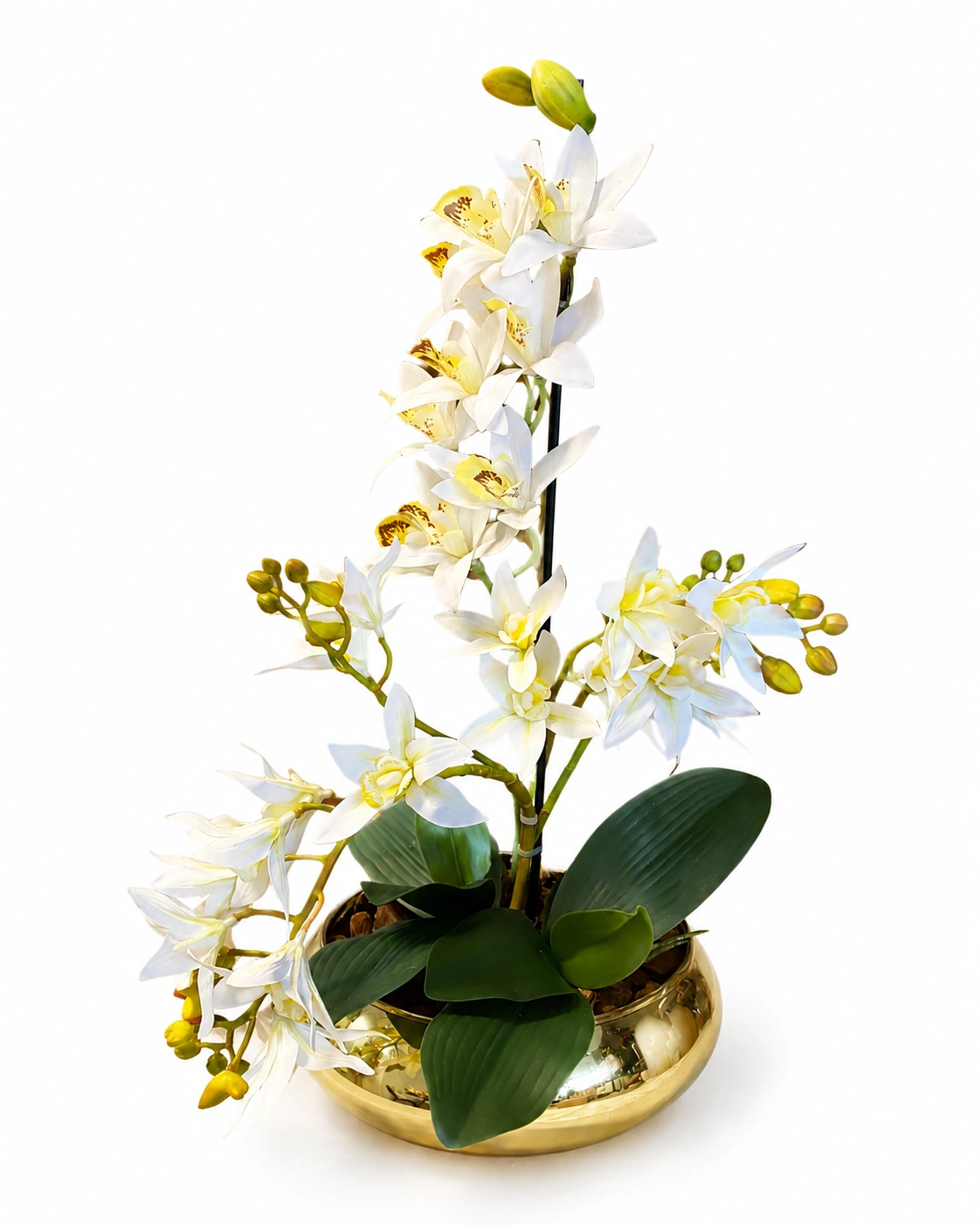 Arranjo de Orquídeas Cymbidium Brancas - Vaso de Vidro Dourado Luxo 5