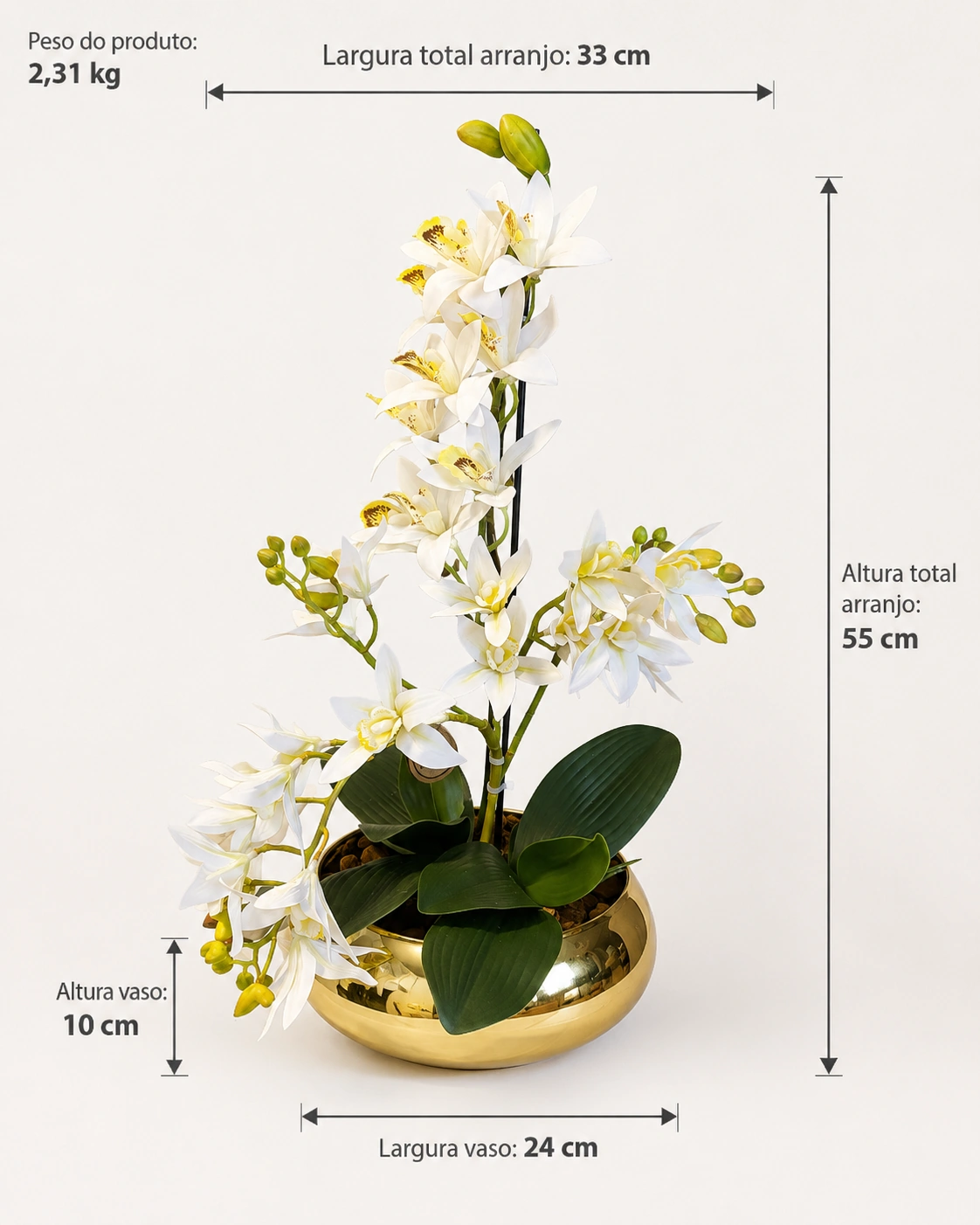 Arranjo de Orquídeas Cymbidium Brancas - Vaso de Vidro Dourado Luxo 6