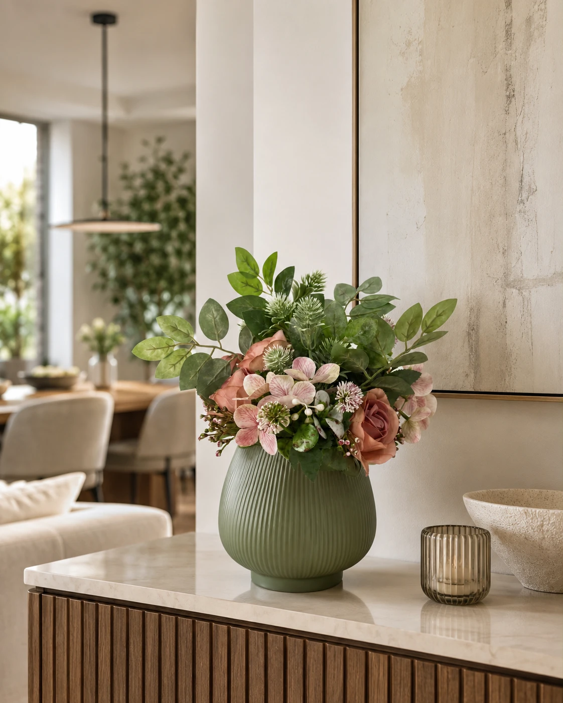Arranjo Floral Rosé com Rosas, Hortênsias e Folhagens em Vaso Verde Canelado