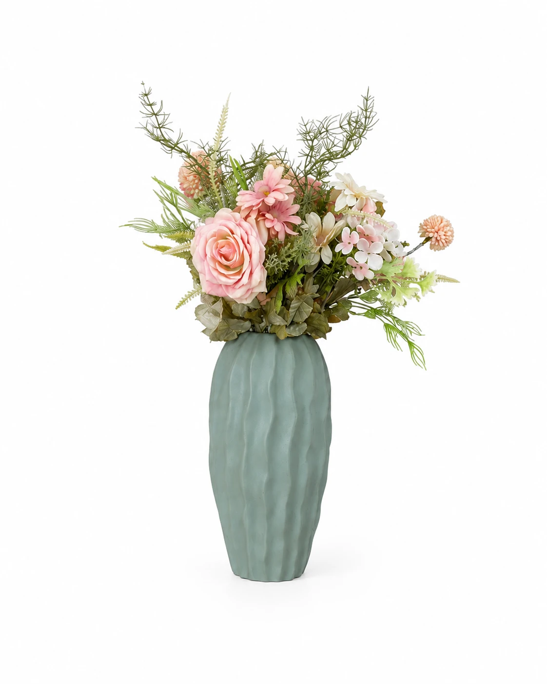 Arranjo Floral Rosa com Rosas, Margaridas e Folhagens em Vaso Verde Texturizado 5