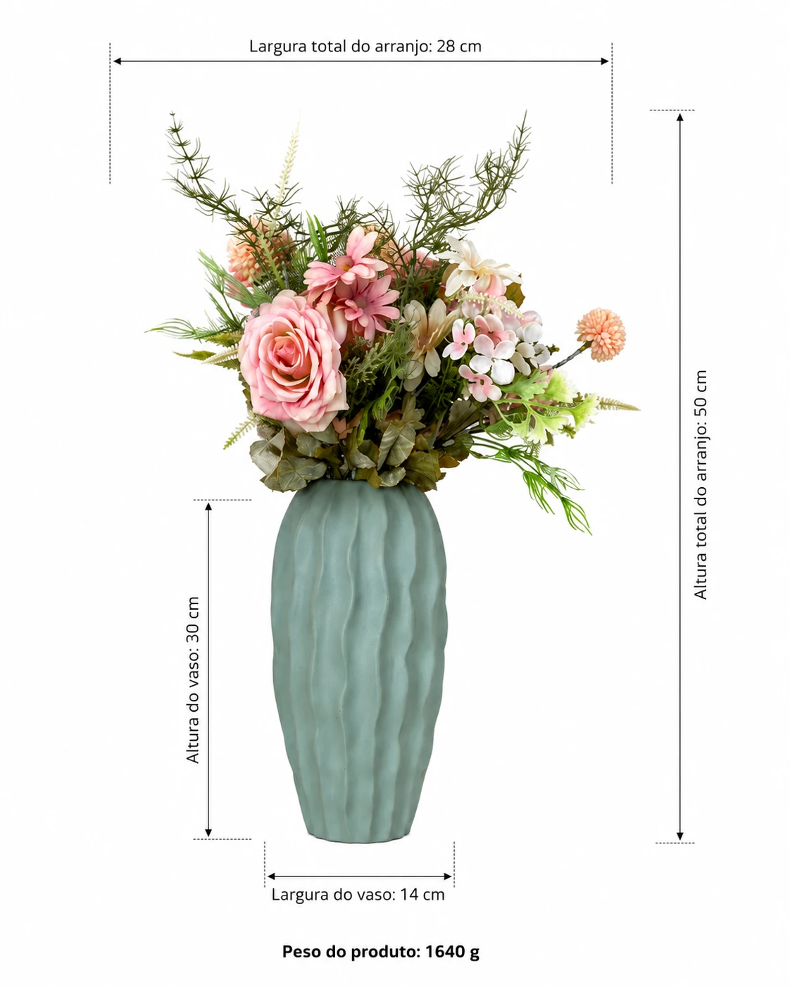 Arranjo Floral Rosa com Rosas, Margaridas e Folhagens em Vaso Verde Texturizado 6