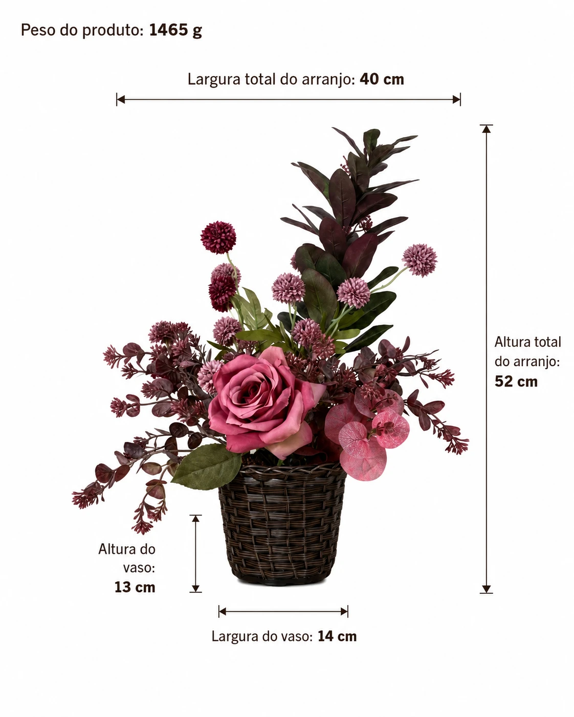 Arranjo Floral Marsala com Rosa Rosada, Folhagens Escuras e Vaso de Fibra Trançada 6