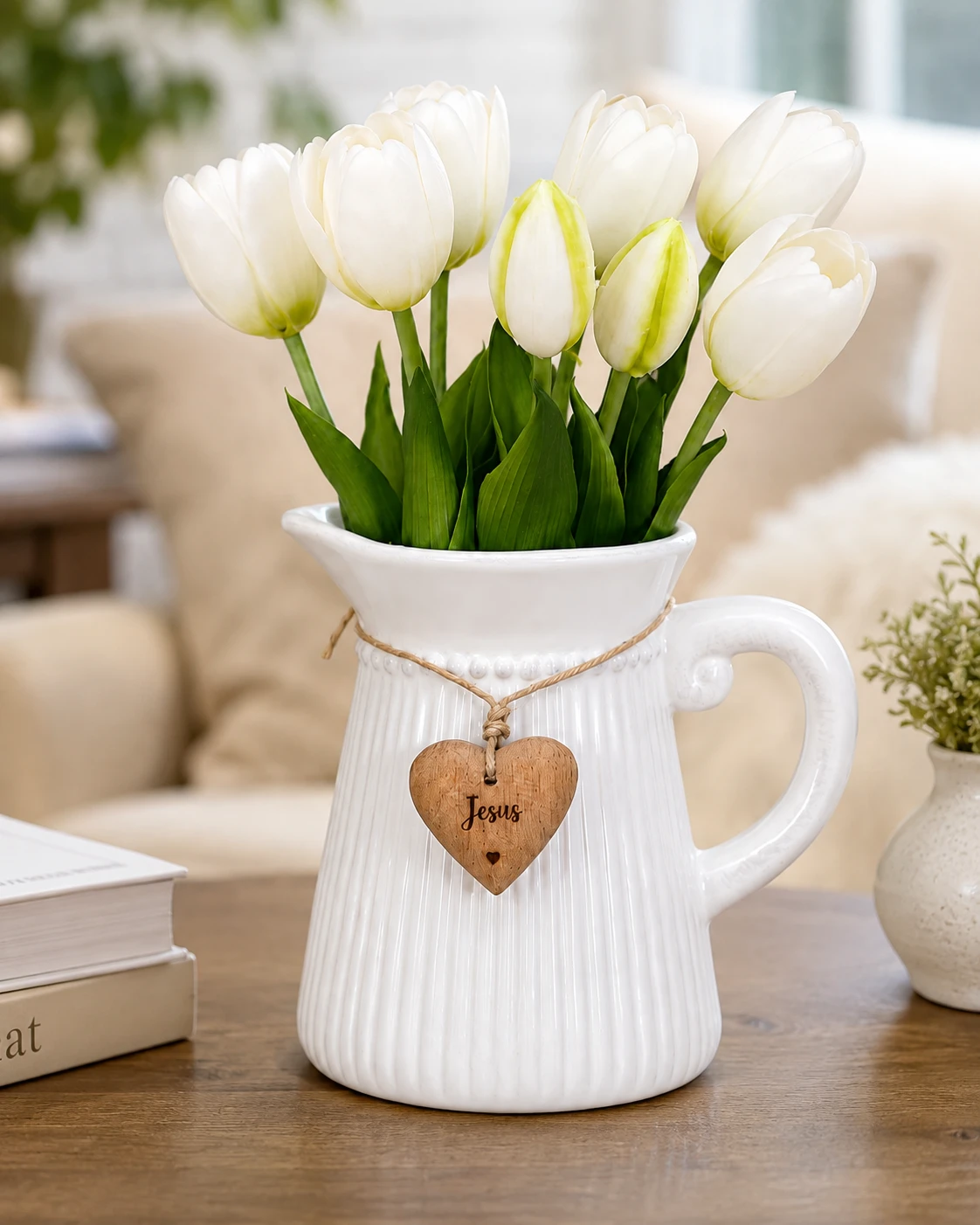 Arranjo de Tulipas Brancas em Jarro Cerâmico Branco com Pingente Jesus